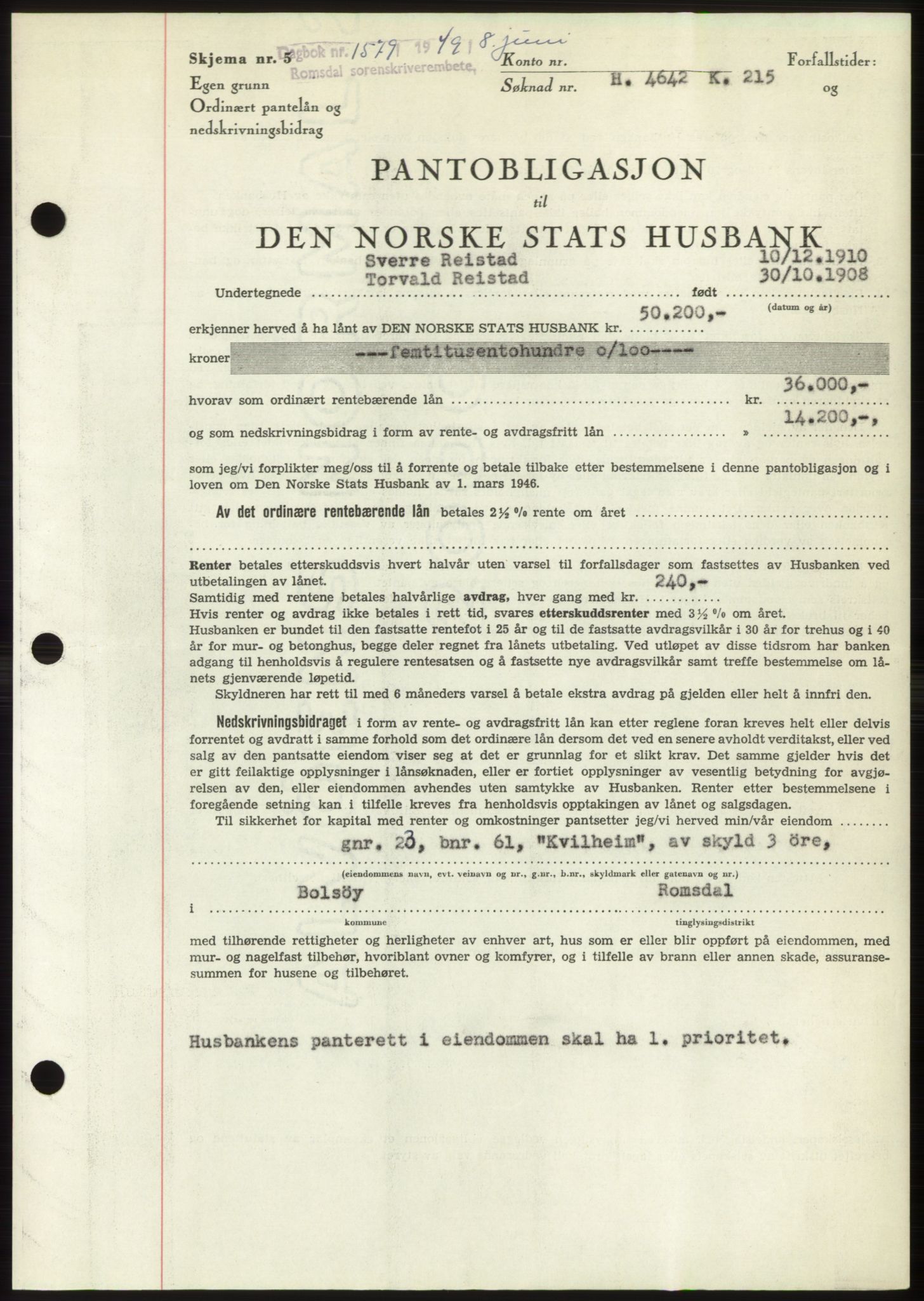 Romsdal sorenskriveri, AV/SAT-A-4149/1/2/2C: Mortgage book no. B4, 1948-1949, Diary no: : 1579/1949