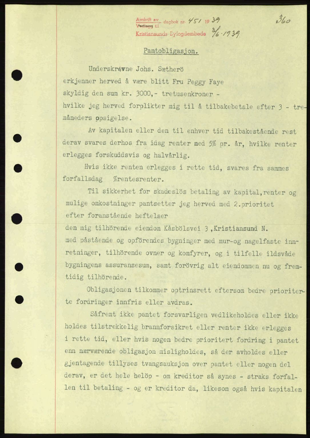 Kristiansund byfogd, SAT/A-4587/A/27: Mortgage book no. 31, 1938-1939, Diary no: : 451/1939