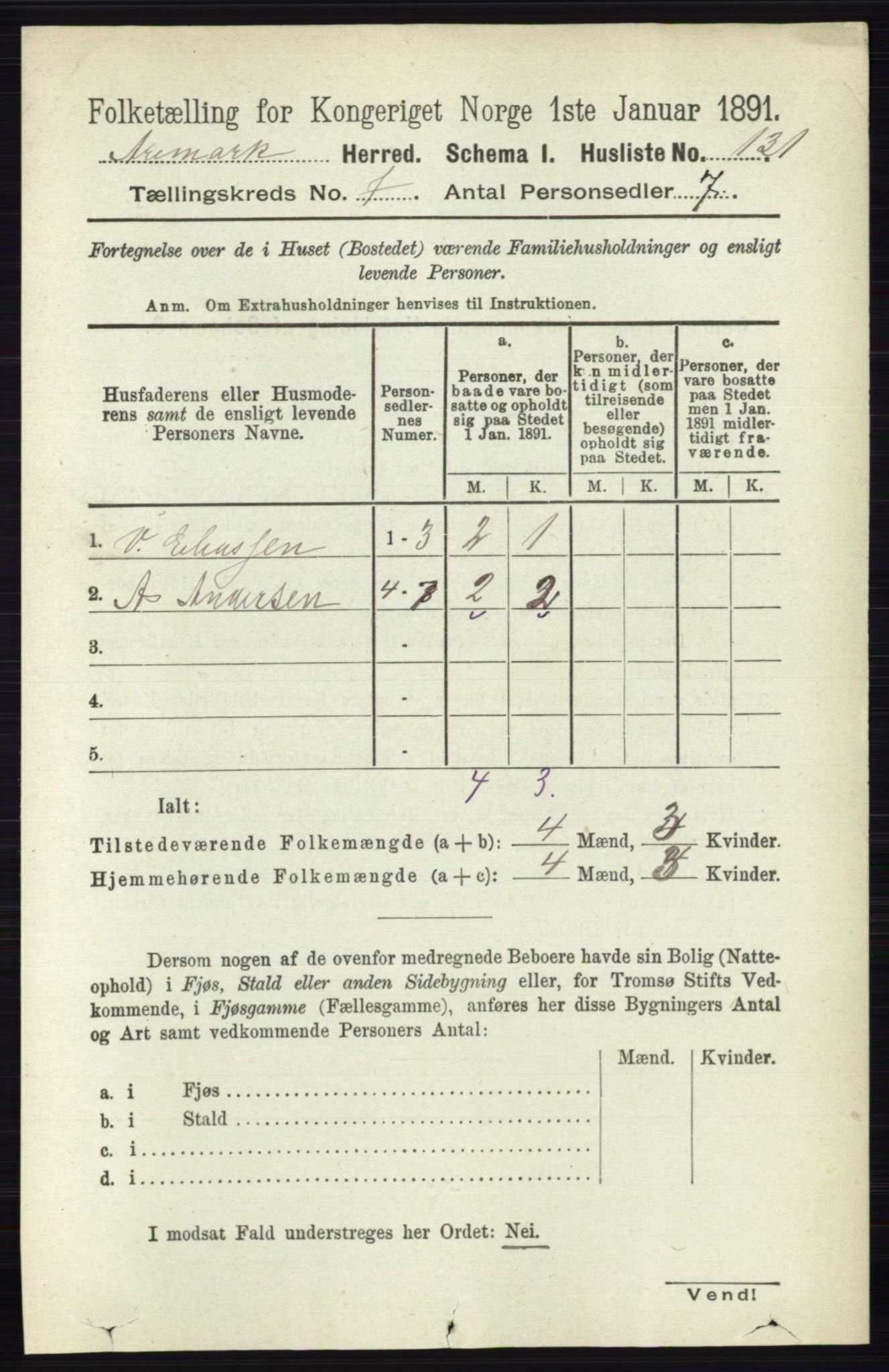 RA, 1891 census for 0118 Aremark, 1891, p. 3893