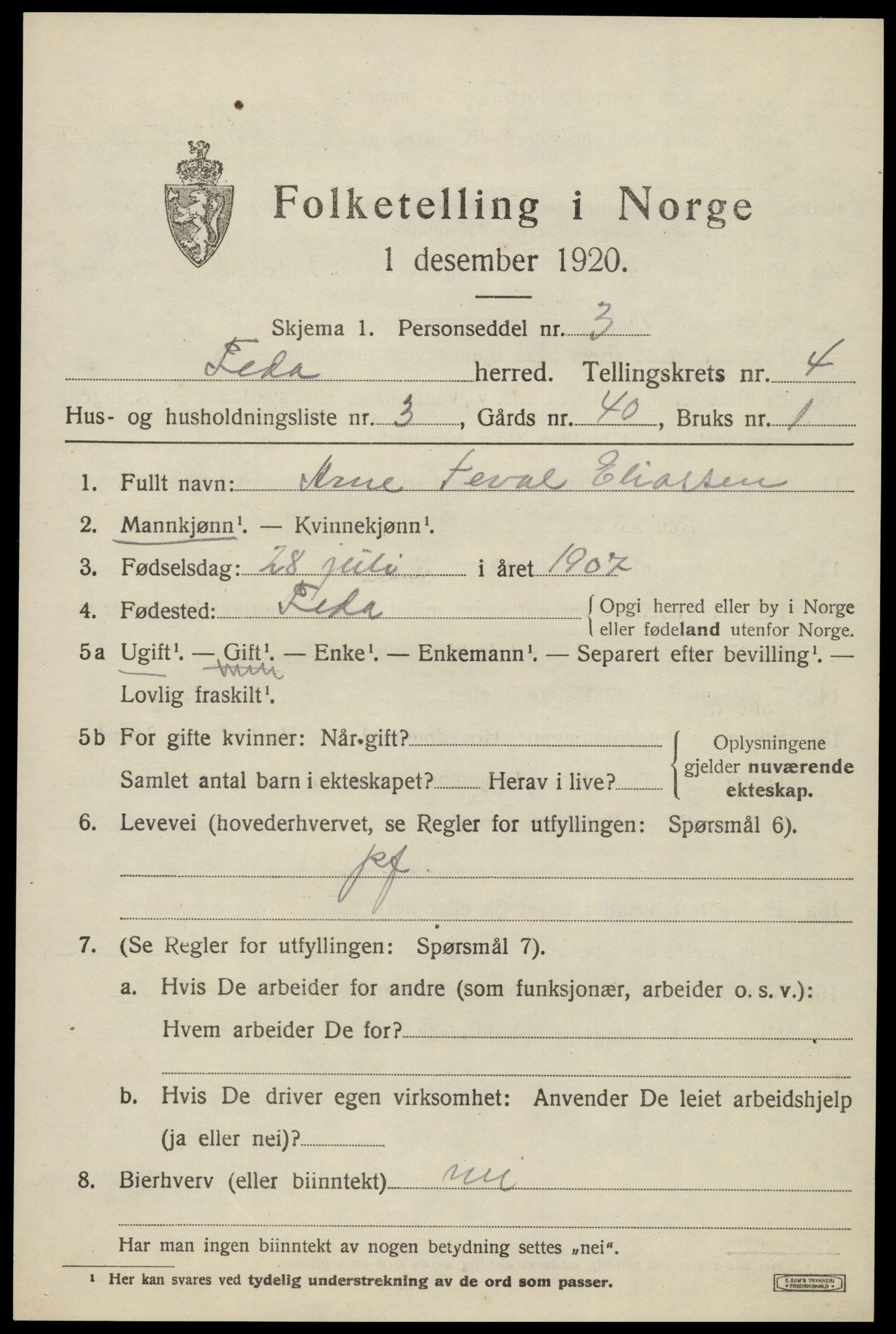 SAK, 1920 census for Feda, 1920, p. 1851