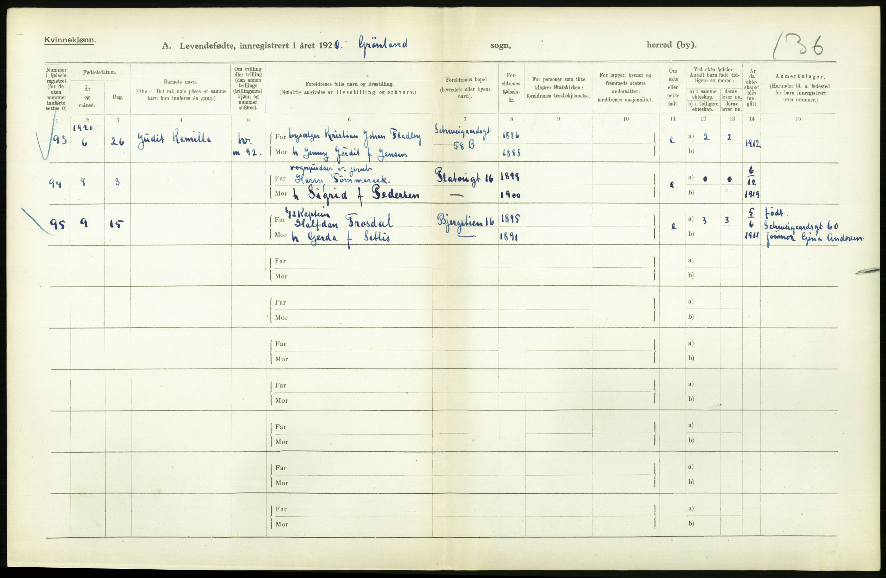 Statistisk sentralbyrå, Sosiodemografiske emner, Befolkning, AV/RA-S-2228/D/Df/Dfb/Dfbj/L0008: Kristiania: Levendefødte menn og kvinner., 1920, p. 174