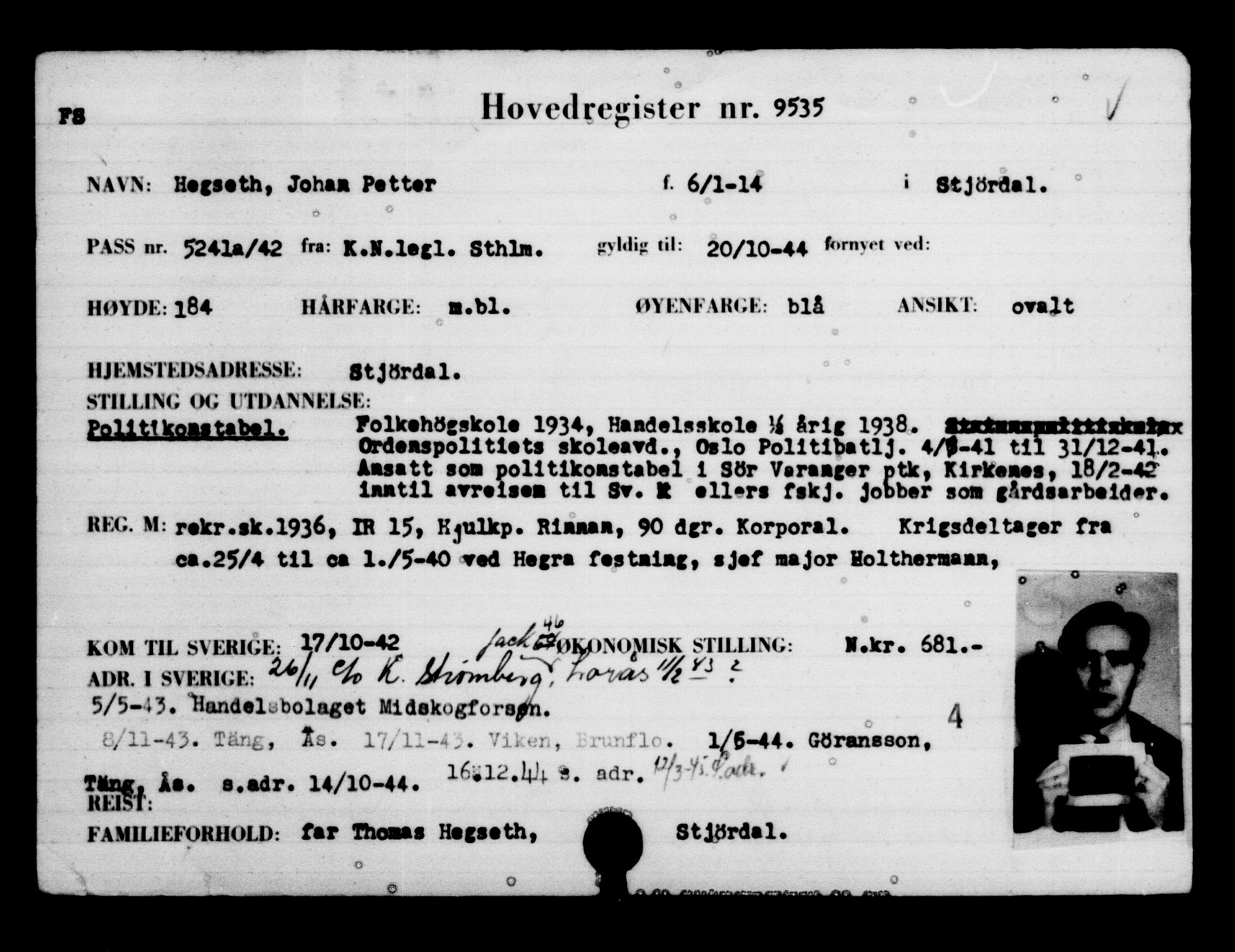 Utenriksstasjonene, Legasjonen i Stockholm, Flyktningkontoret, AV/RA-S-6753/V/Va/L0006: Kjesäterkartoteket, flyktninger med registreringsnr. 9400-12711, 1940-1945, p. 144