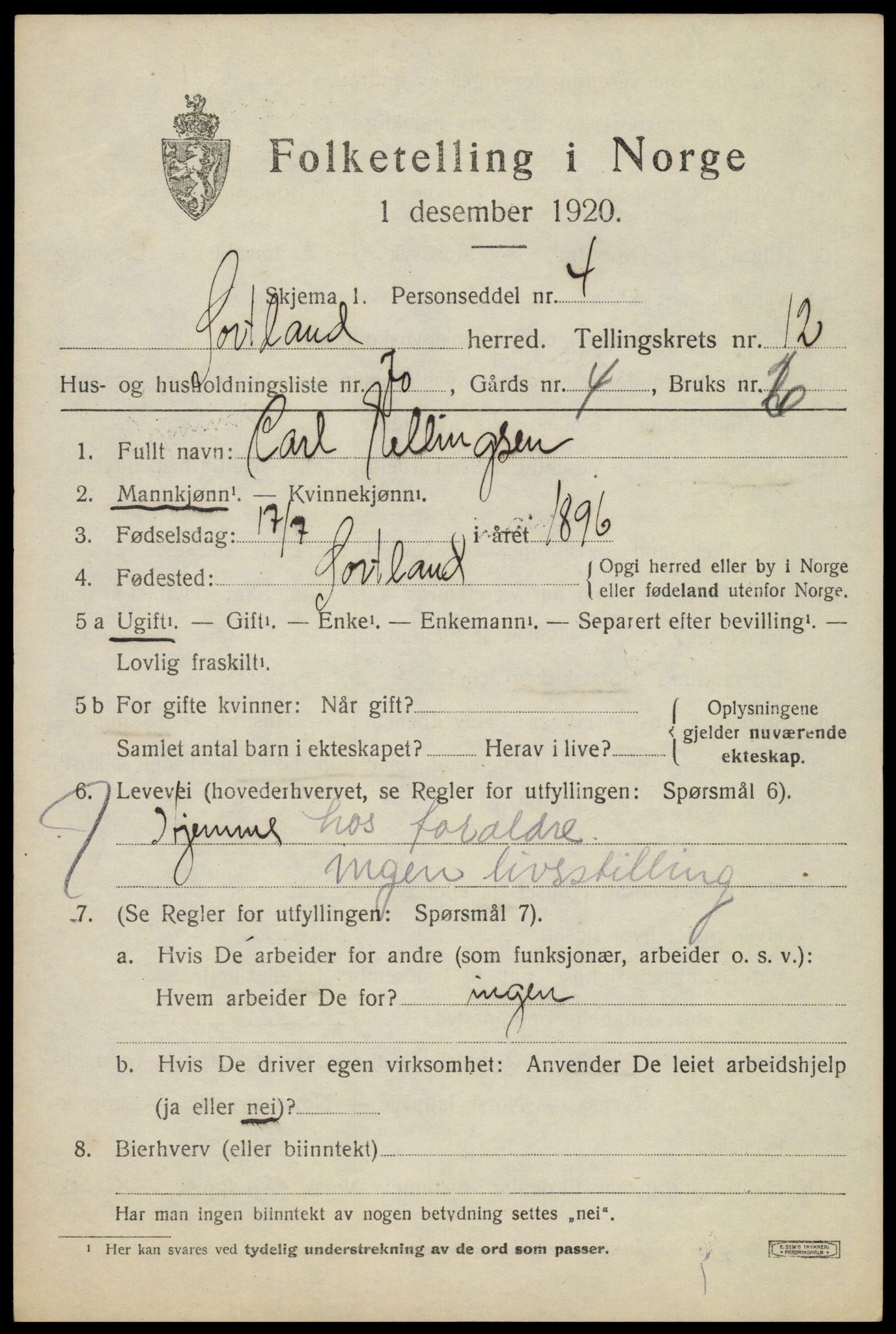 SAT, 1920 census for Sortland, 1920, p. 9932