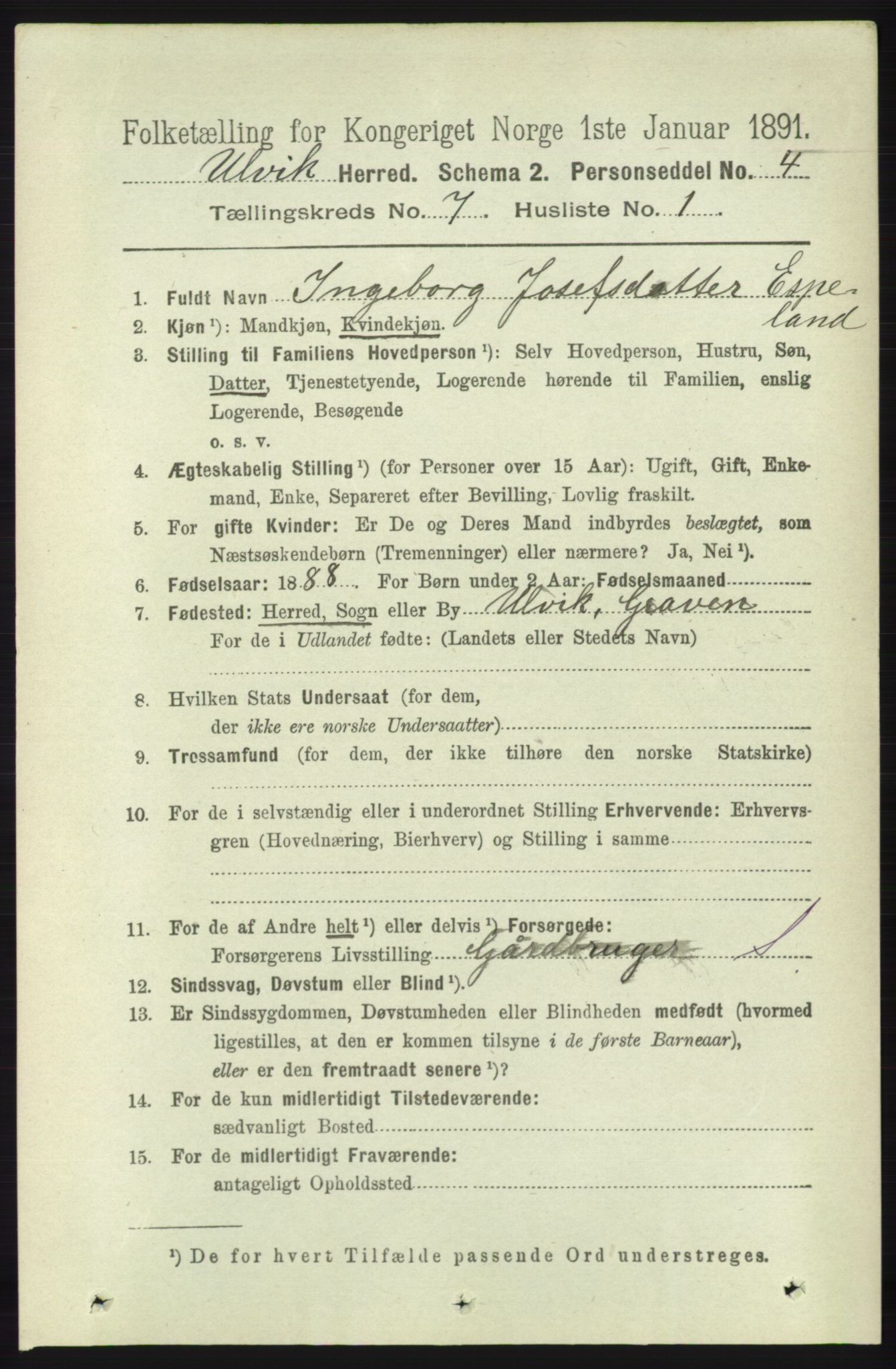 RA, 1891 census for 1233 Ulvik, 1891, p. 2273