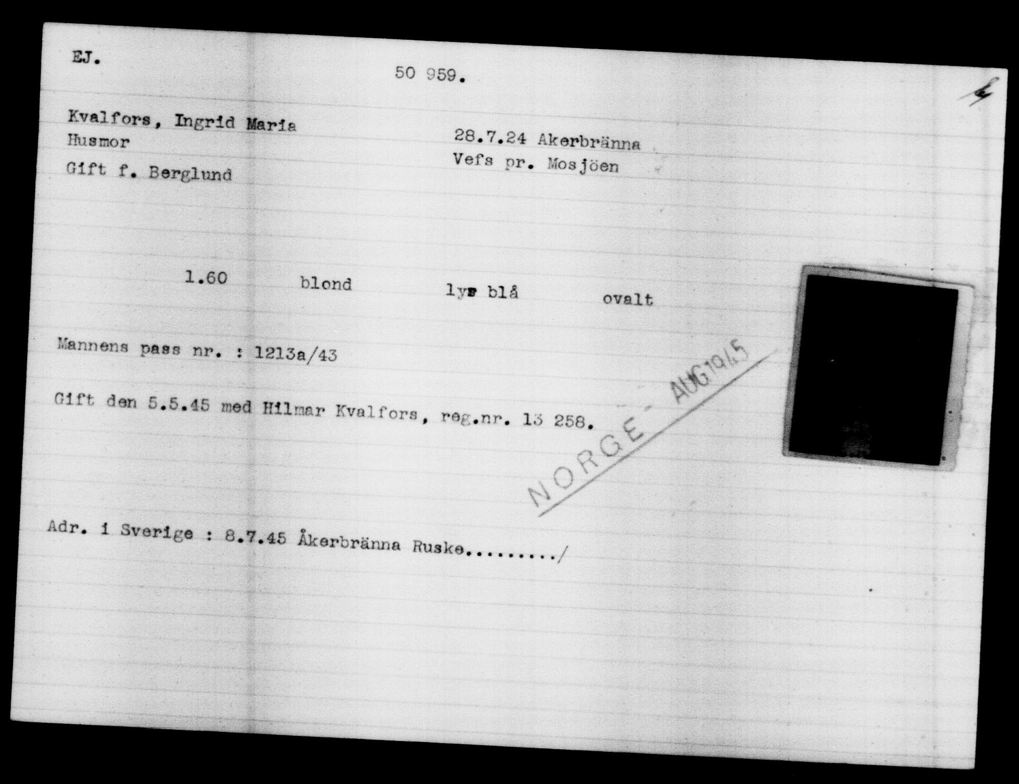 Utenriksstasjonene, Legasjonen i Stockholm, Flyktningkontoret, AV/RA-S-6753/V/Va/L0019: Kjesäterkartoteket, flyktninger med registreringsnr. 49600-55060, 1940-1945, p. 1383