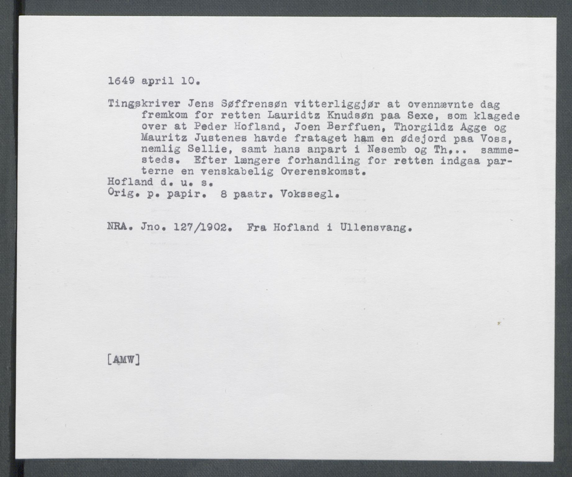 Riksarkivets diplomsamling, AV/RA-EA-5965/F02/L0162: Dokumenter, 1649, p. 28
