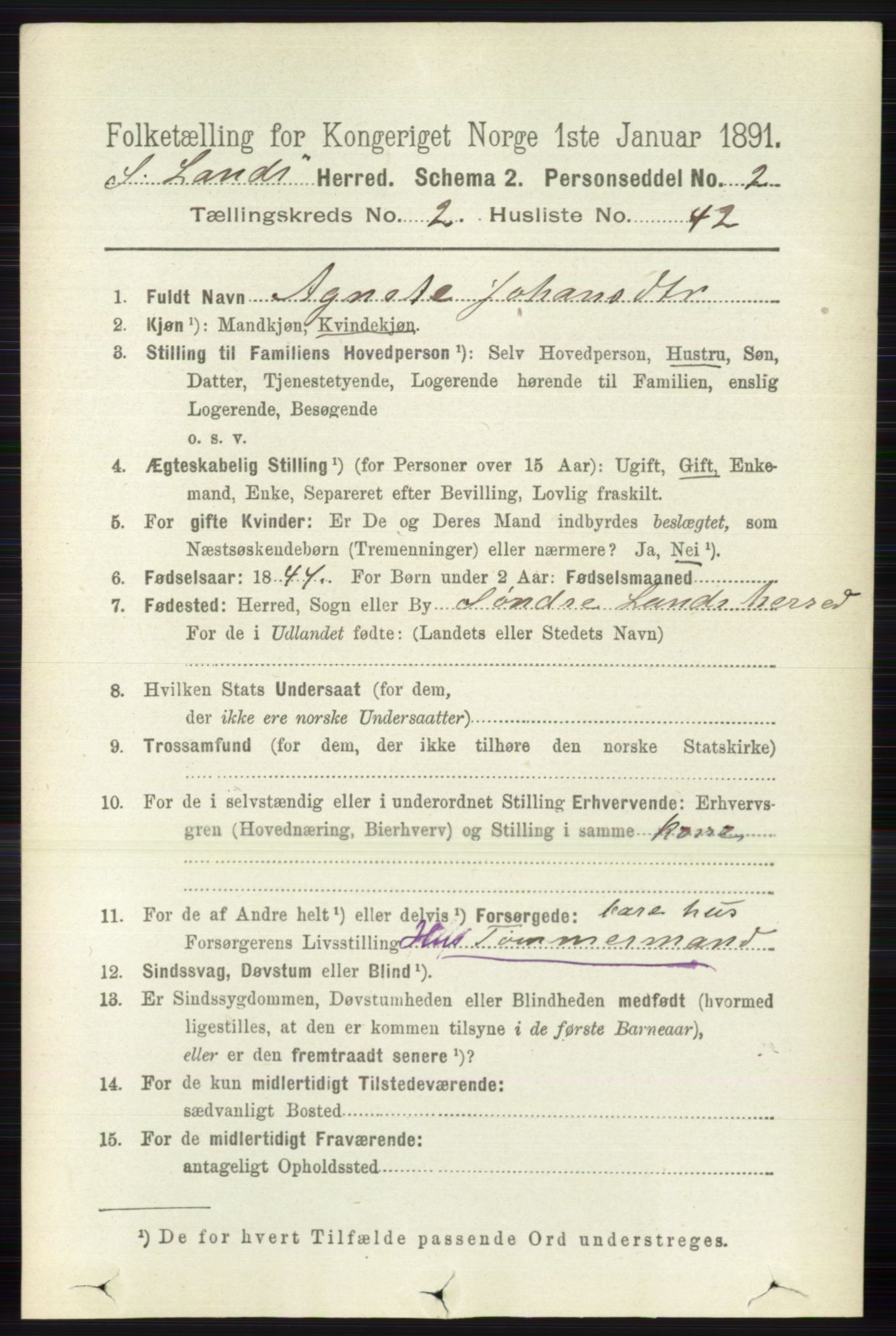 RA, 1891 census for 0536 Søndre Land, 1891, p. 1290