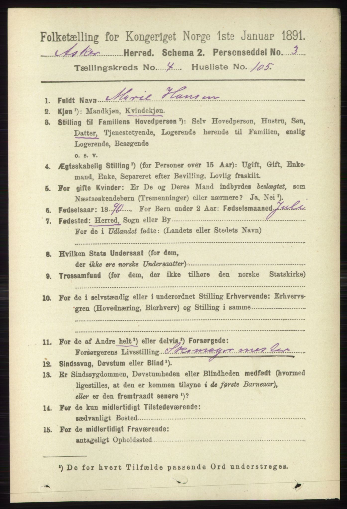 RA, 1891 census for 0220 Asker, 1891, p. 3622