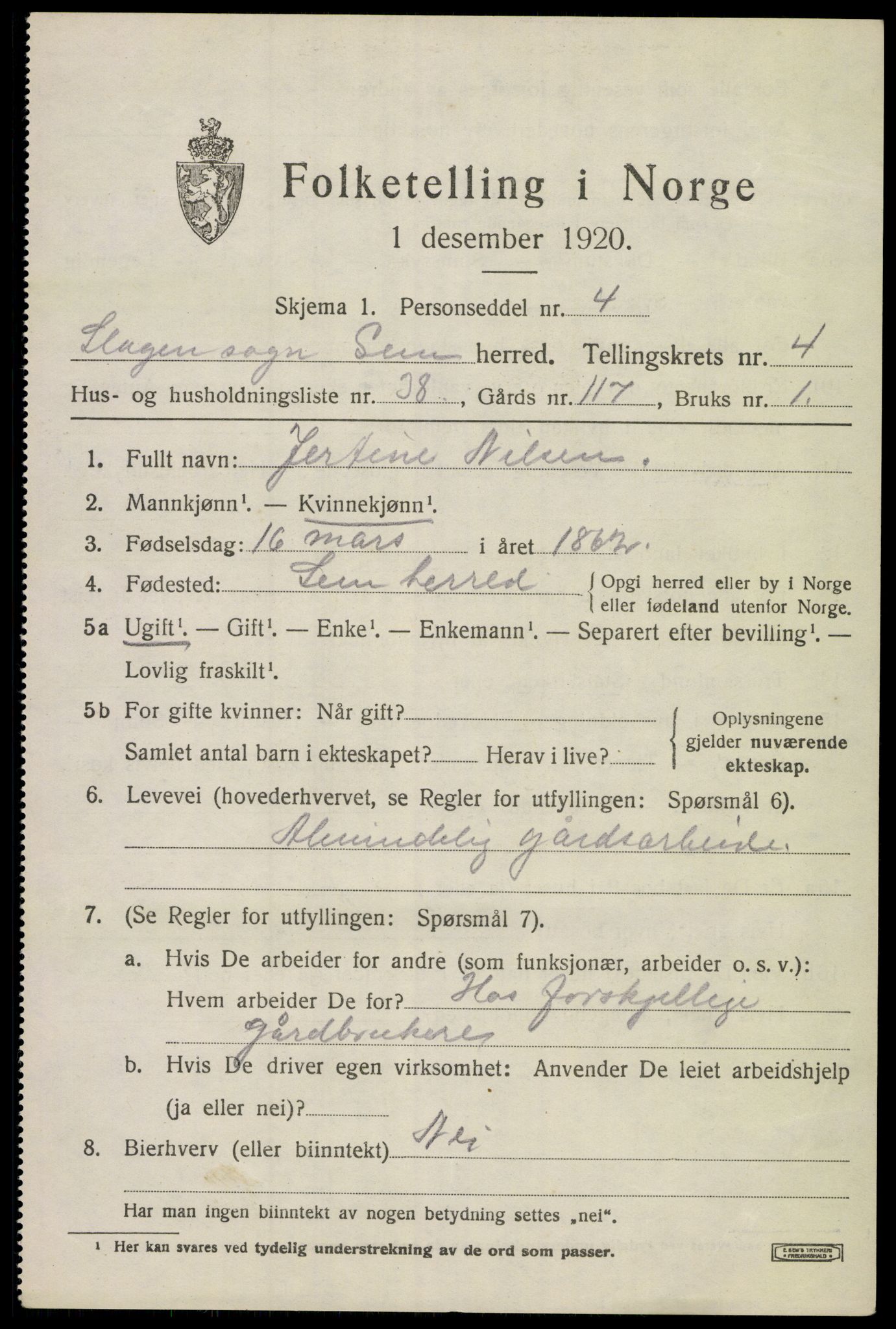 SAKO, 1920 census for Sem, 1920, p. 7493