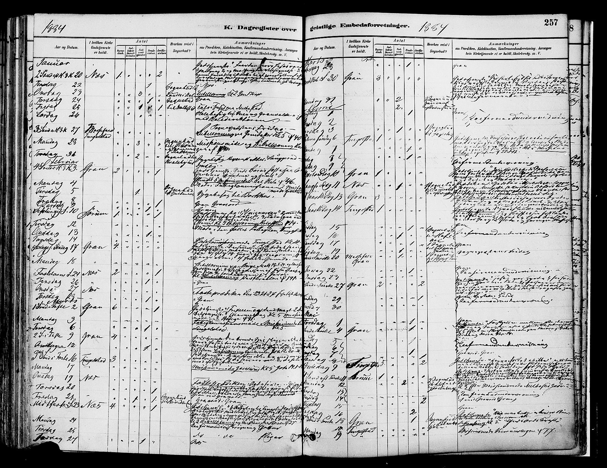 Gran prestekontor, SAH/PREST-112/H/Ha/Haa/L0014: Parish register (official) no. 14, 1880-1889, p. 257