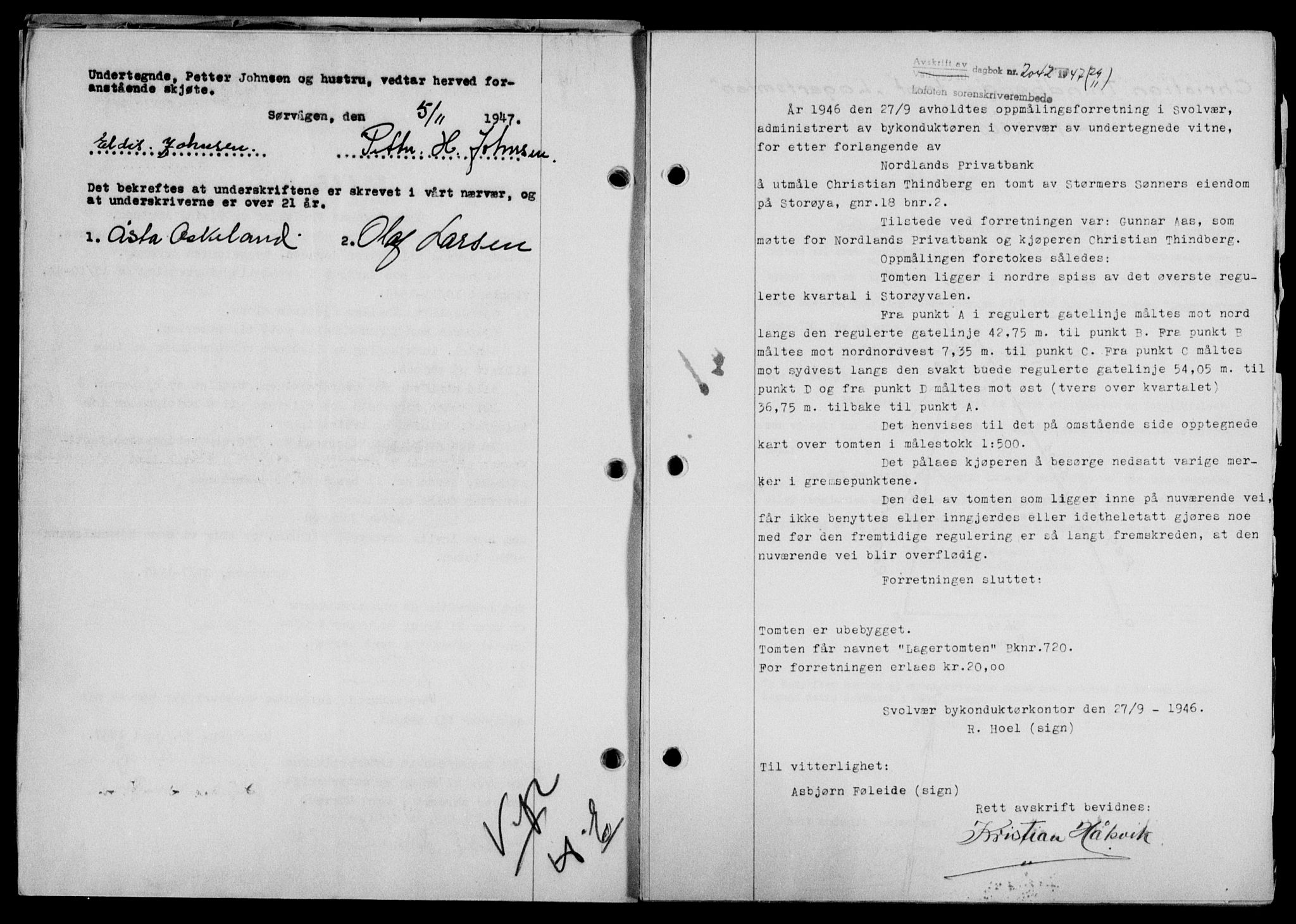 Lofoten sorenskriveri, SAT/A-0017/1/2/2C/L0017a: Mortgage book no. 17a, 1947-1948, Diary no: : 2042/1947