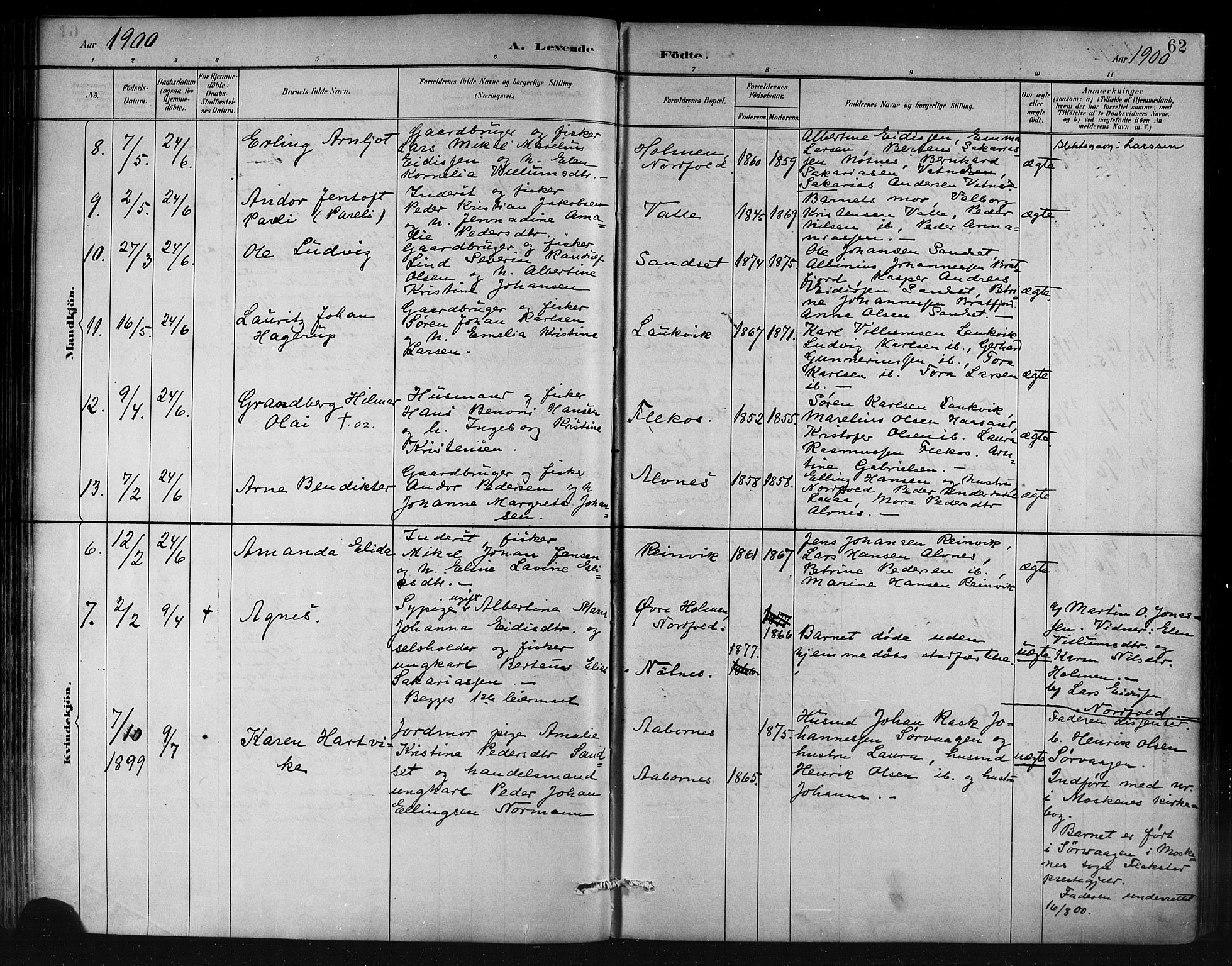 Ministerialprotokoller, klokkerbøker og fødselsregistre - Nordland, AV/SAT-A-1459/858/L0831: Parish register (official) no. 858A01, 1884-1902, p. 62