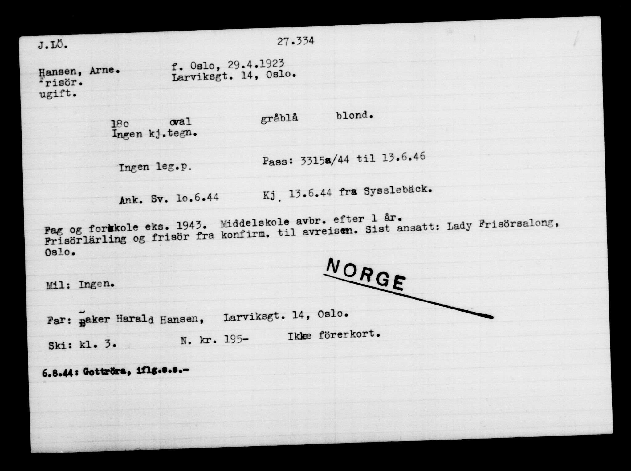 Utenriksstasjonene, Legasjonen i Stockholm, Flyktningkontoret, AV/RA-S-6753/V/Va/L0011: Kjesäterkartoteket, flyktninger med registreringsnr. 25300-28349, 1940-1945, p. 2149