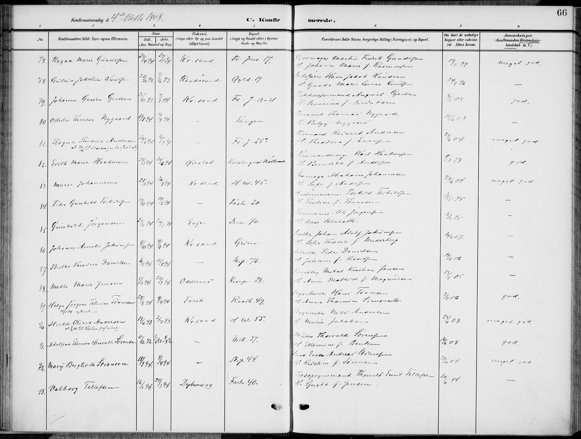 Kristiansand domprosti, AV/SAK-1112-0006/F/Fa/L0022: Parish register (official) no. A 21, 1905-1916, p. 66