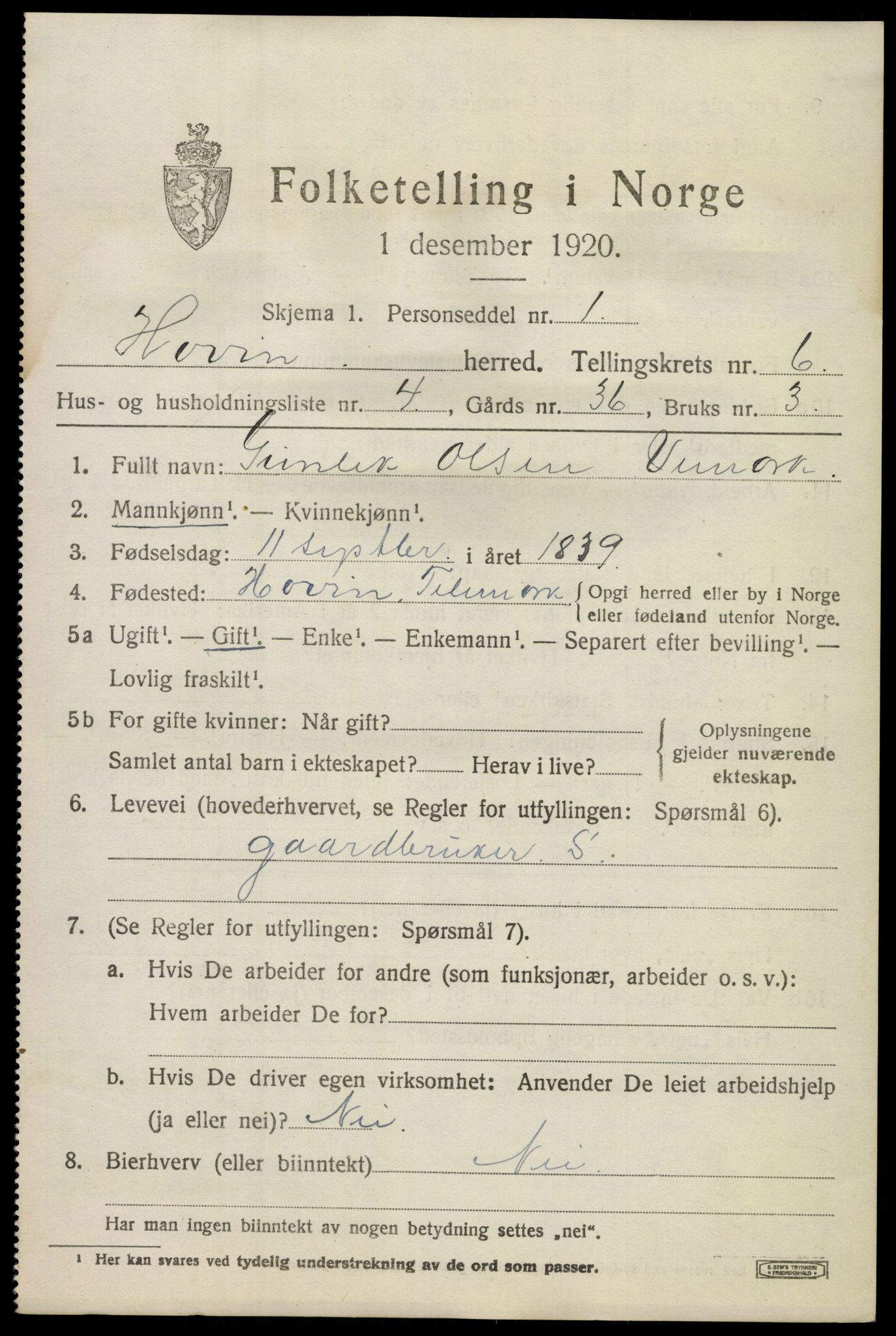 SAKO, 1920 census for Hovin, 1920, p. 1473