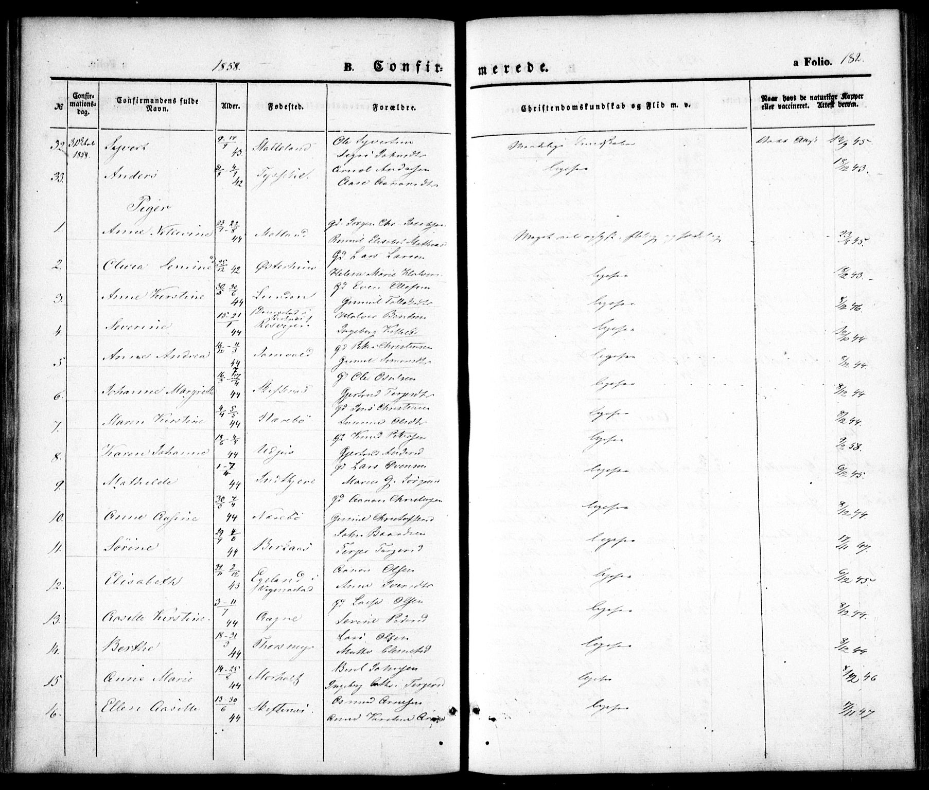Hommedal sokneprestkontor, AV/SAK-1111-0023/F/Fa/Fab/L0004: Parish register (official) no. A 4, 1848-1860, p. 182