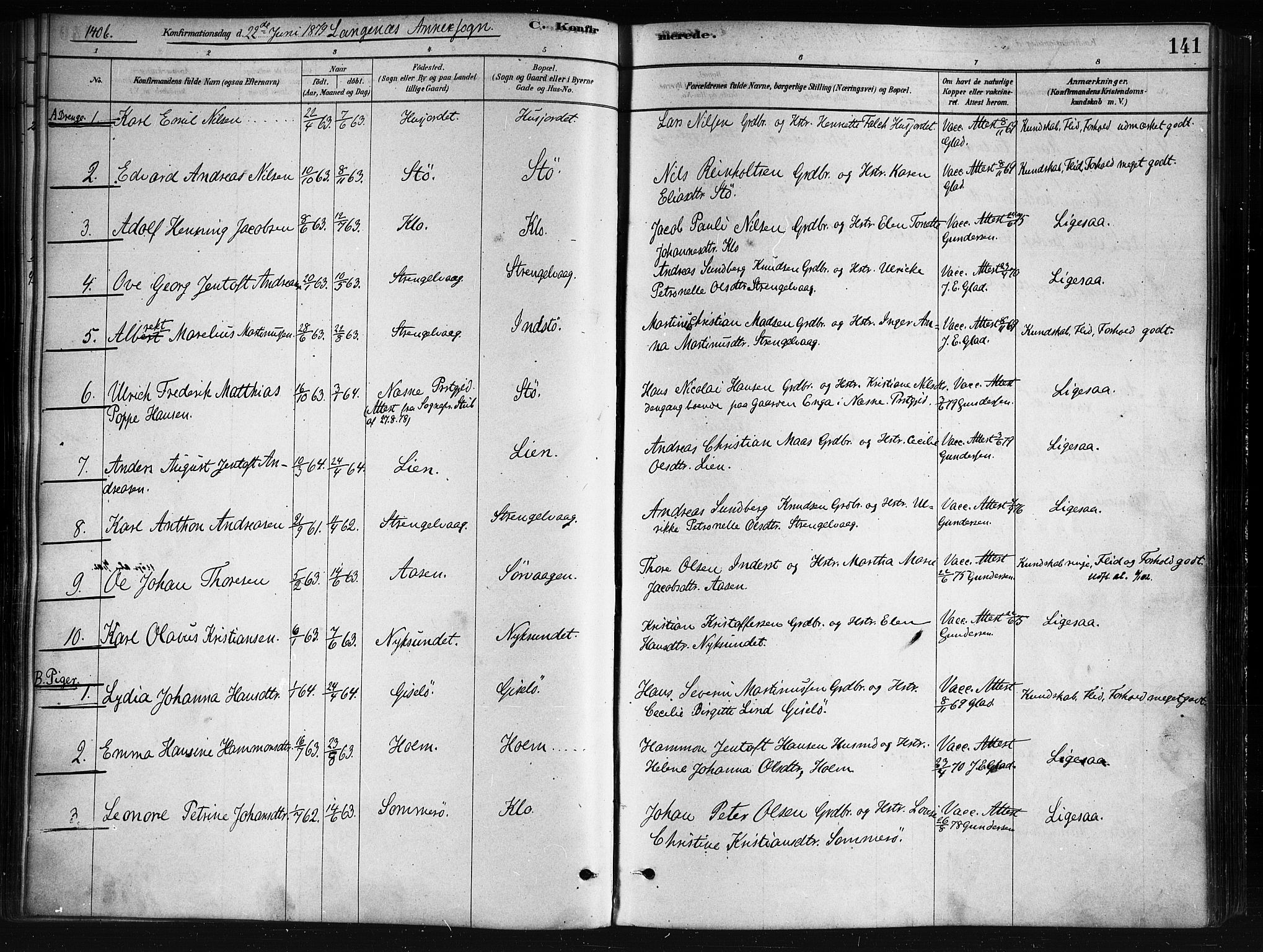 Ministerialprotokoller, klokkerbøker og fødselsregistre - Nordland, AV/SAT-A-1459/893/L1335: Parish register (official) no. 893A08 /2, 1878-1884, p. 141