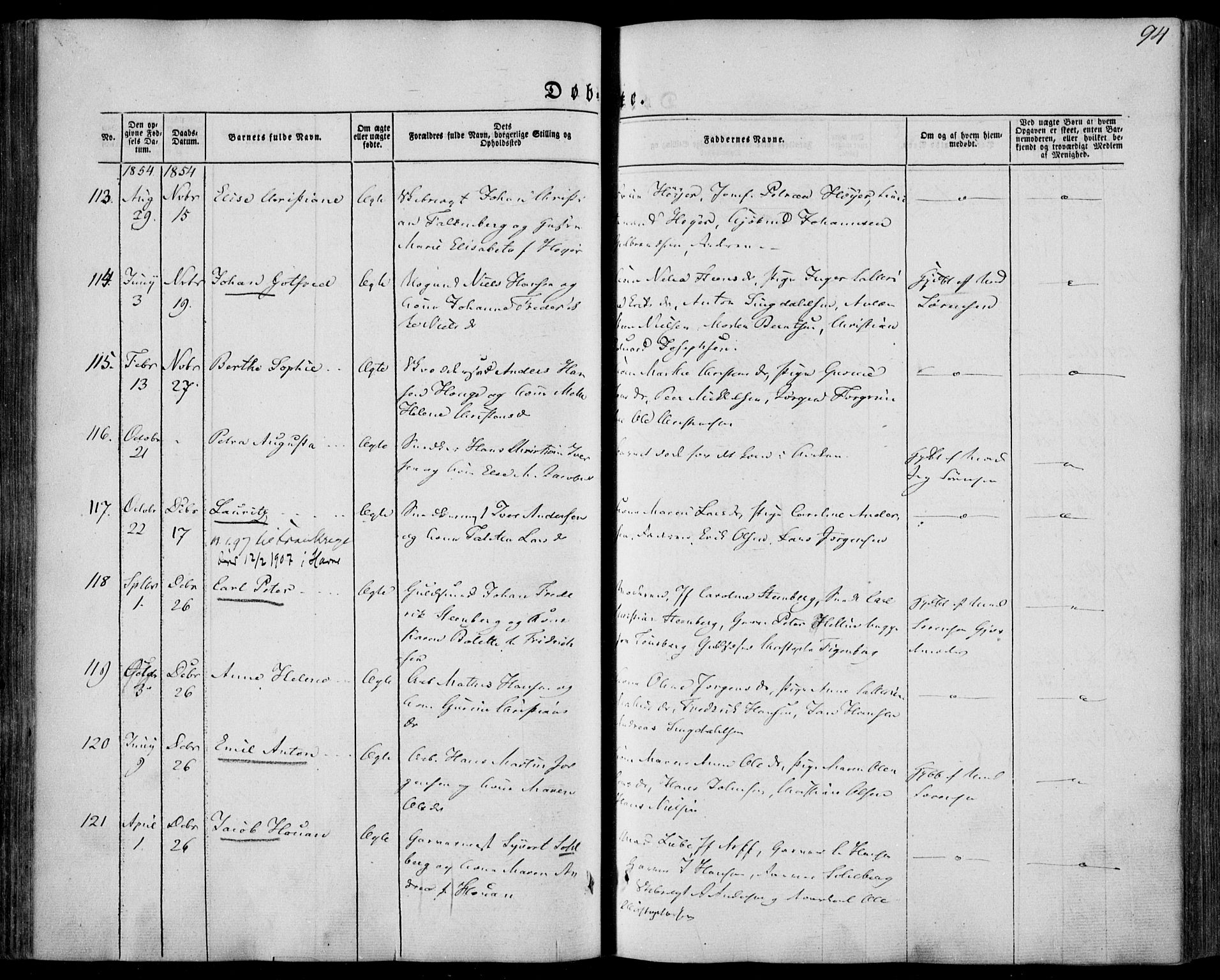 Larvik kirkebøker, AV/SAKO-A-352/F/Fa/L0003: Parish register (official) no. I 3, 1848-1856, p. 94