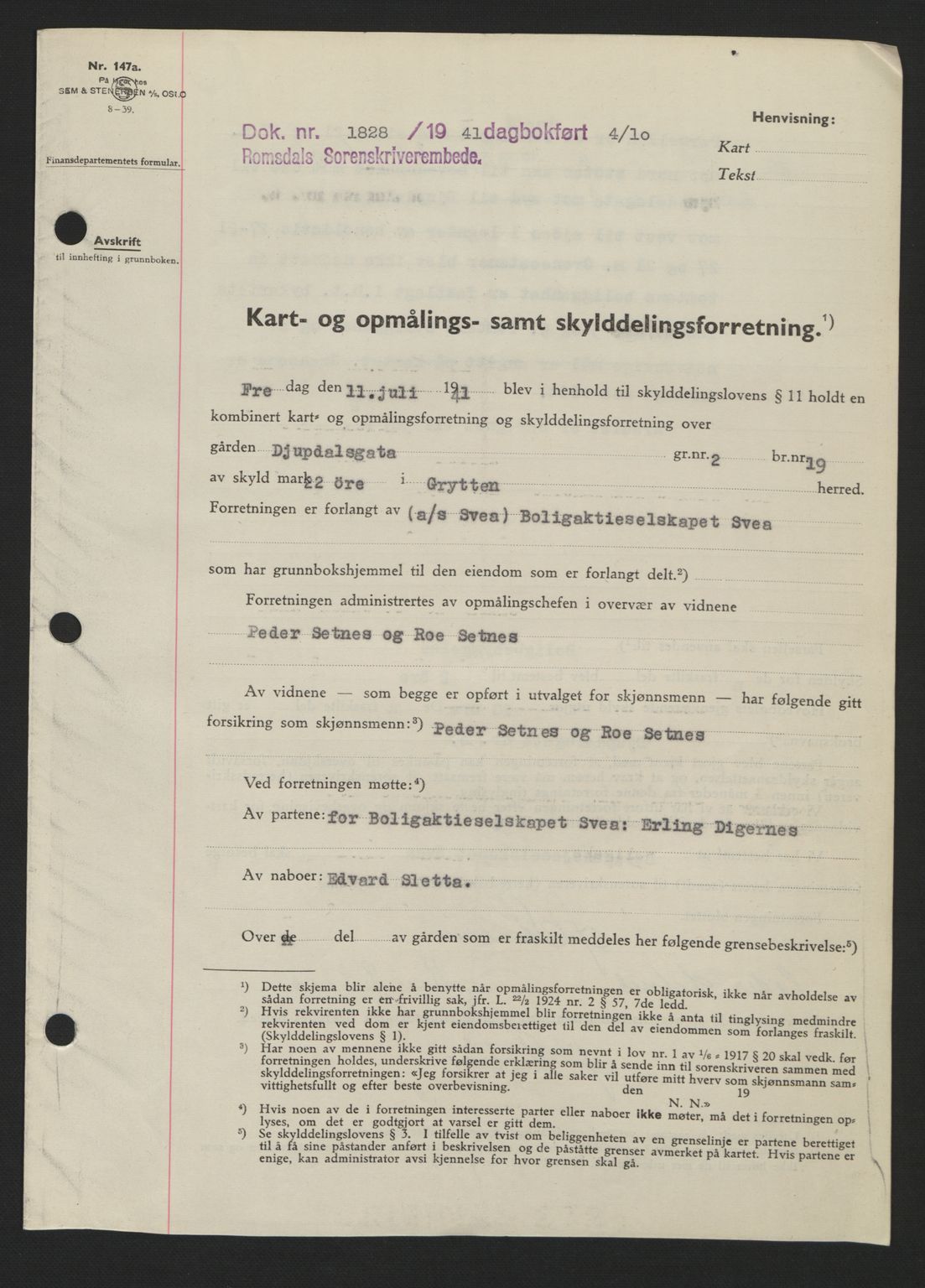 Romsdal sorenskriveri, AV/SAT-A-4149/1/2/2C: Mortgage book no. A11, 1941-1942, Diary no: : 1828/1941