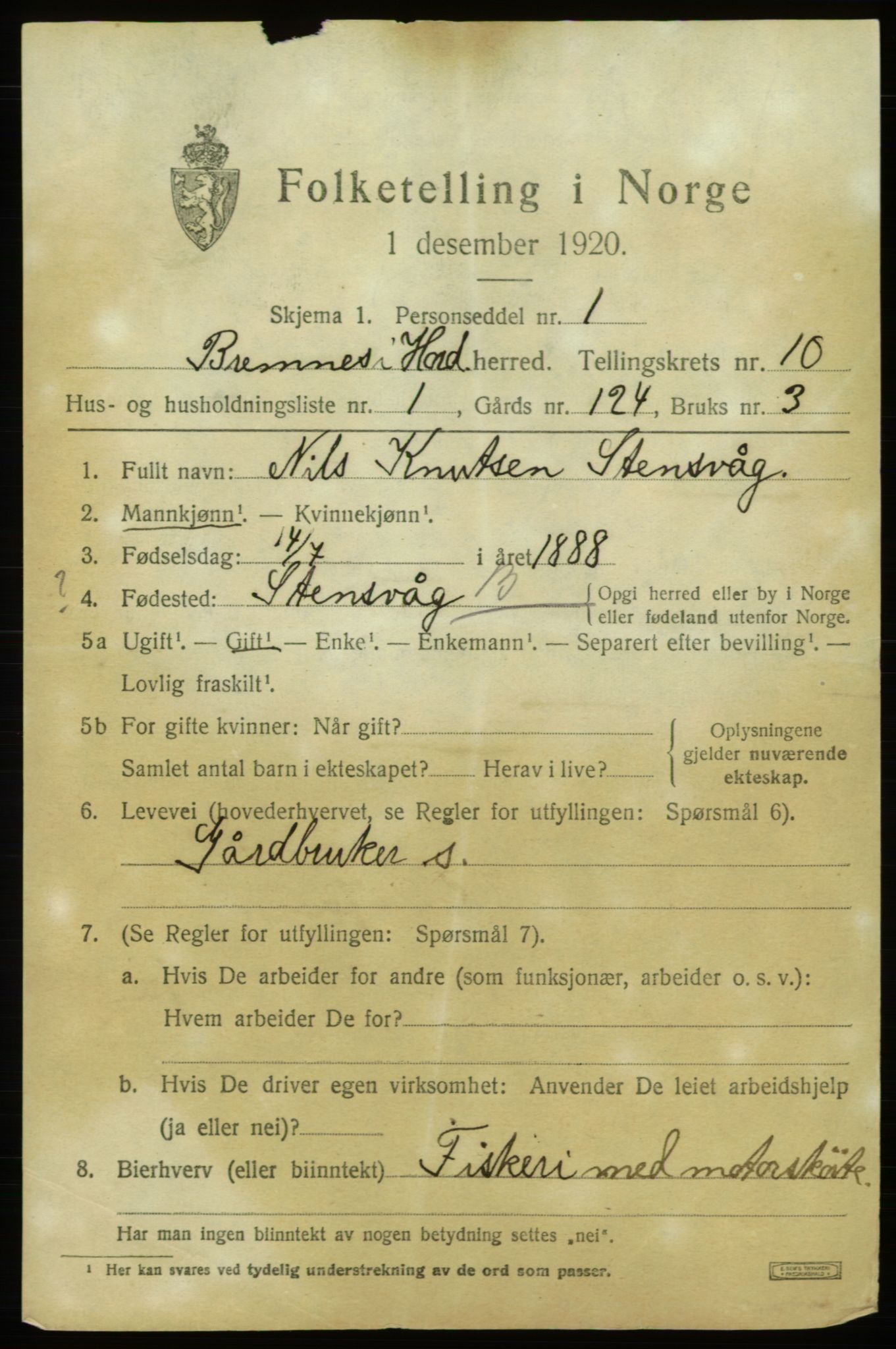 SAB, 1920 census for Bremnes, 1920, p. 6356