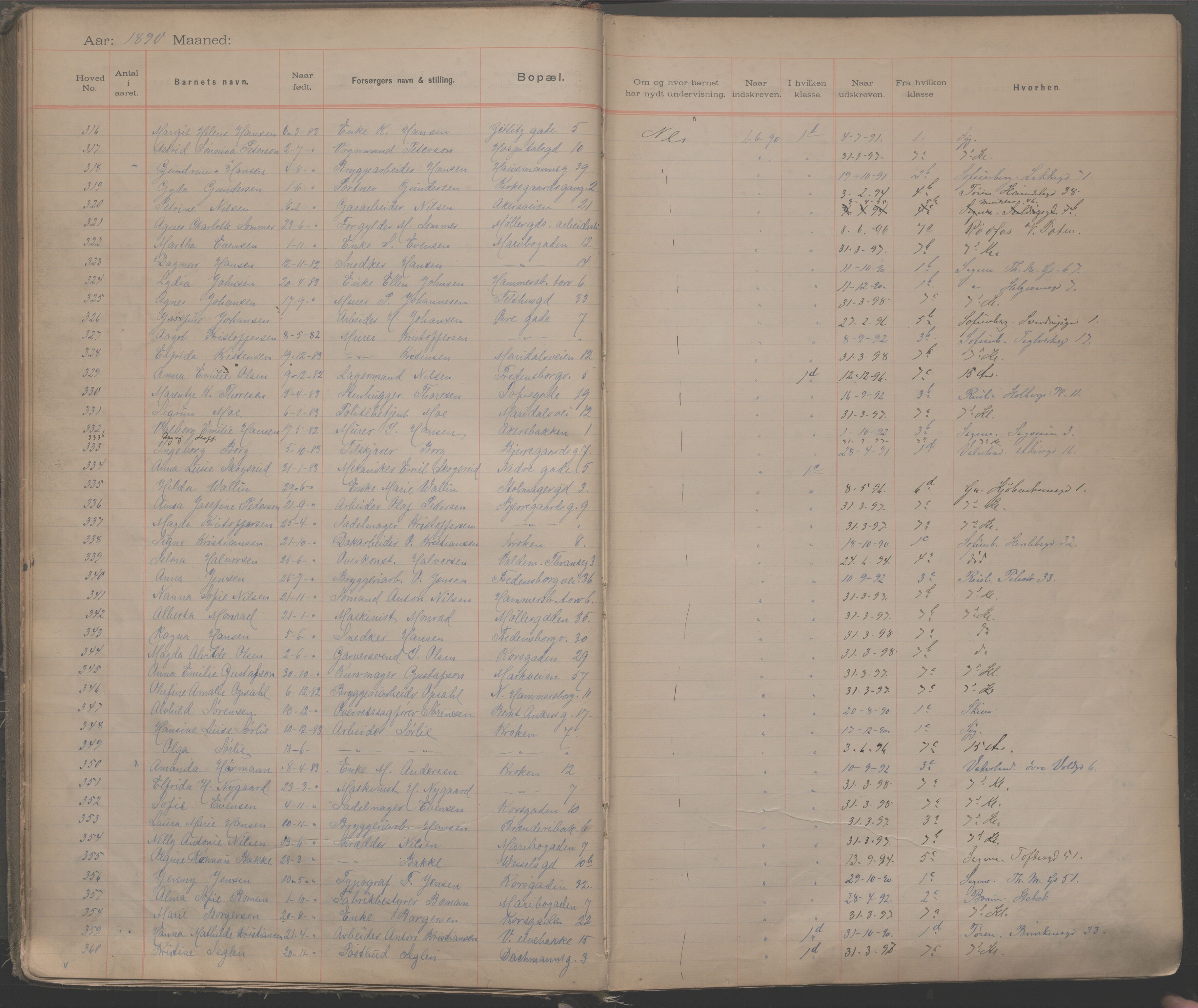 Møllergata skole, OBA/A-20129/F/Fa/L0001: Ut-/innskrivningsprotokoll, 1889-1907, p. 13