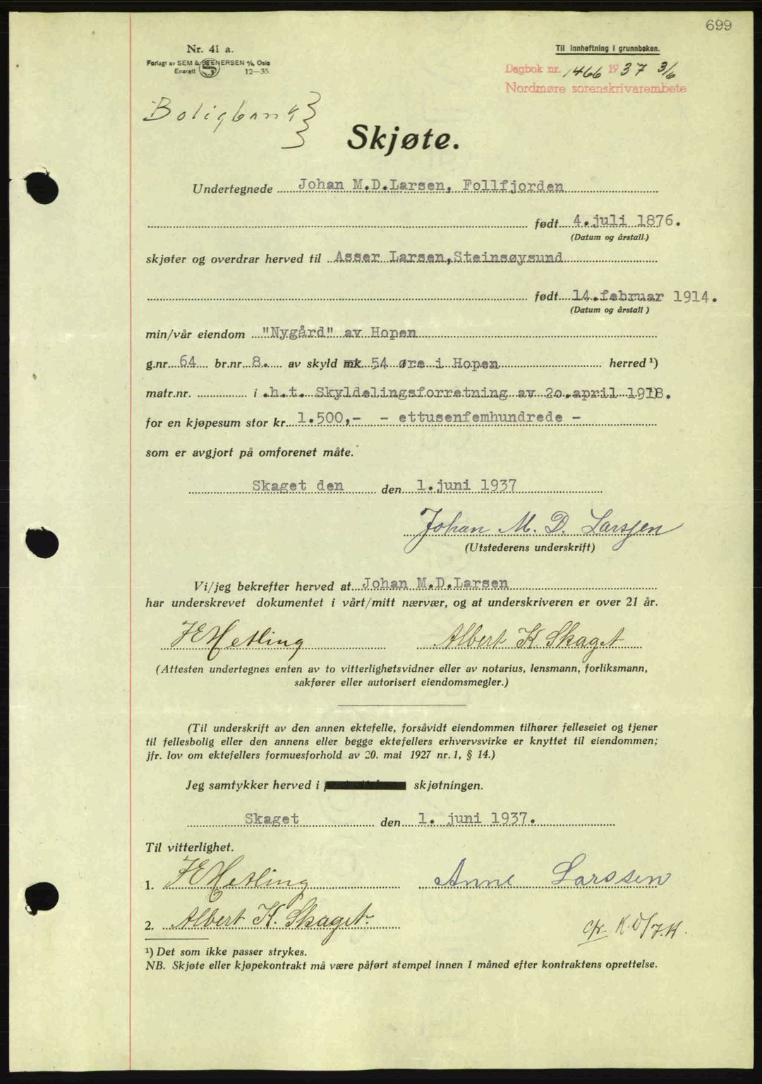 Nordmøre sorenskriveri, AV/SAT-A-4132/1/2/2Ca: Mortgage book no. A81, 1937-1937, Diary no: : 1466/1937