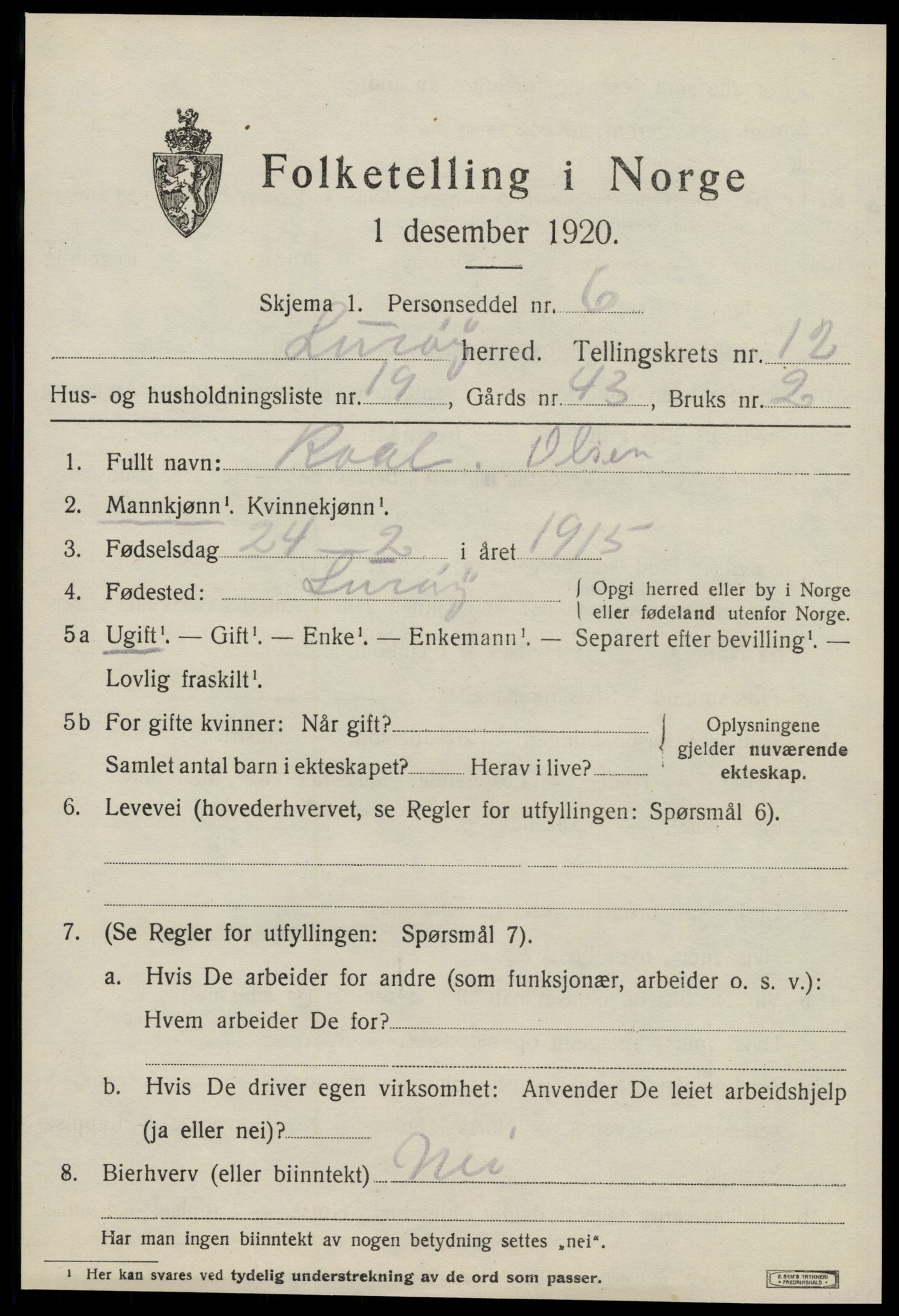 SAT, 1920 census for Lurøy, 1920, p. 5179