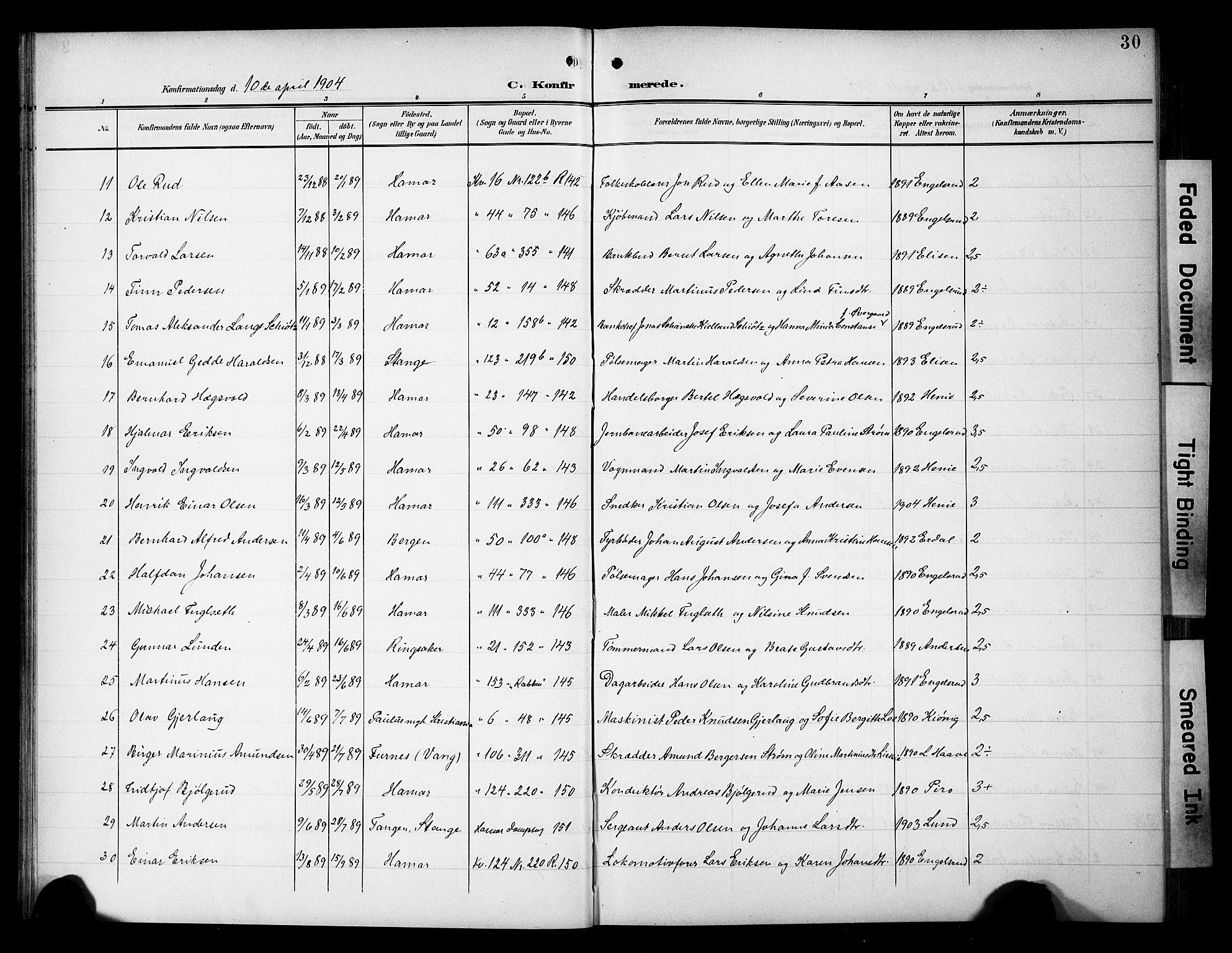 Hamar prestekontor, AV/SAH-DOMPH-002/H/Ha/Hab/L0002: Parish register (copy) no. 2, 1899-1929, p. 30