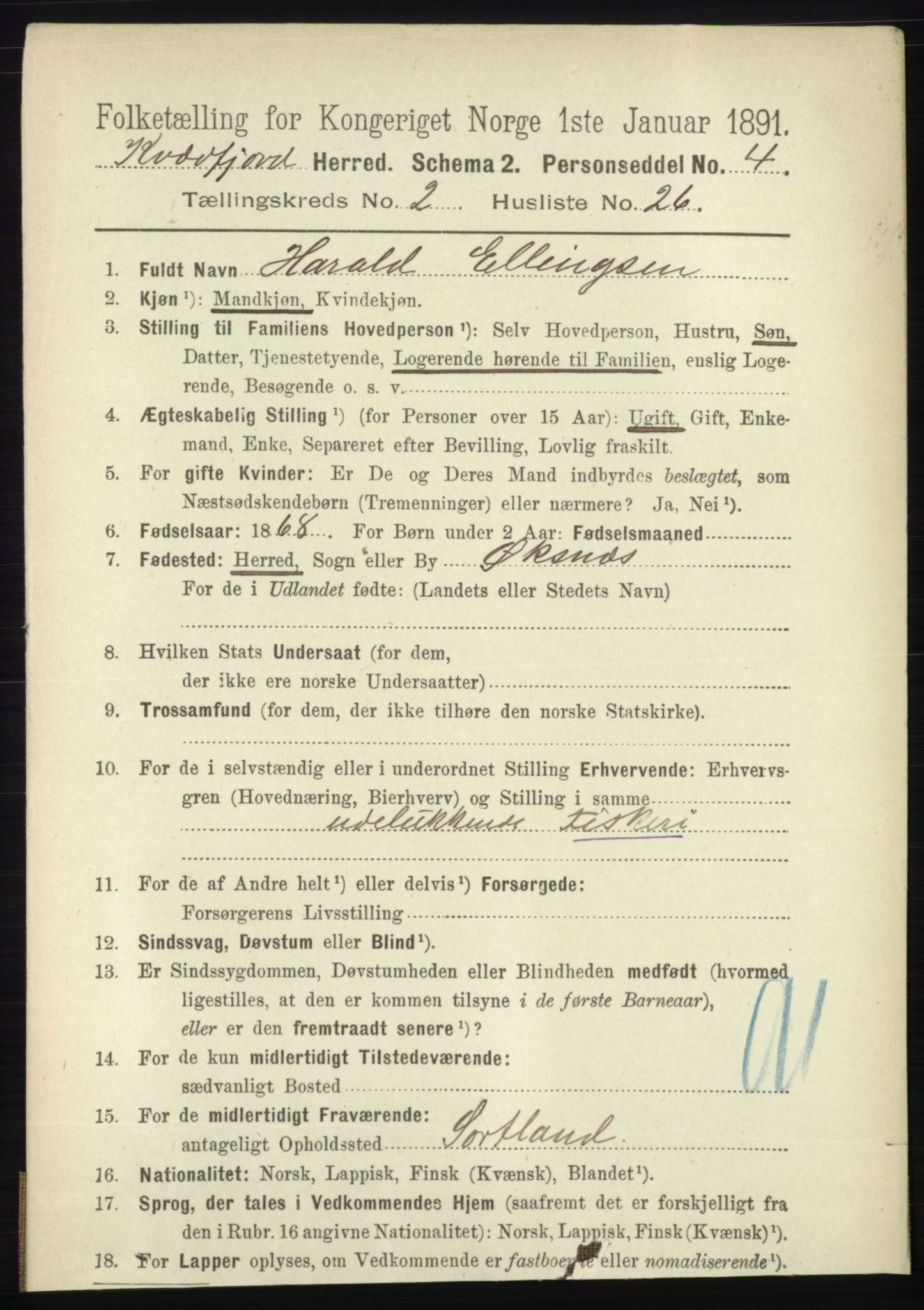 RA, 1891 census for 1911 Kvæfjord, 1891, p. 885