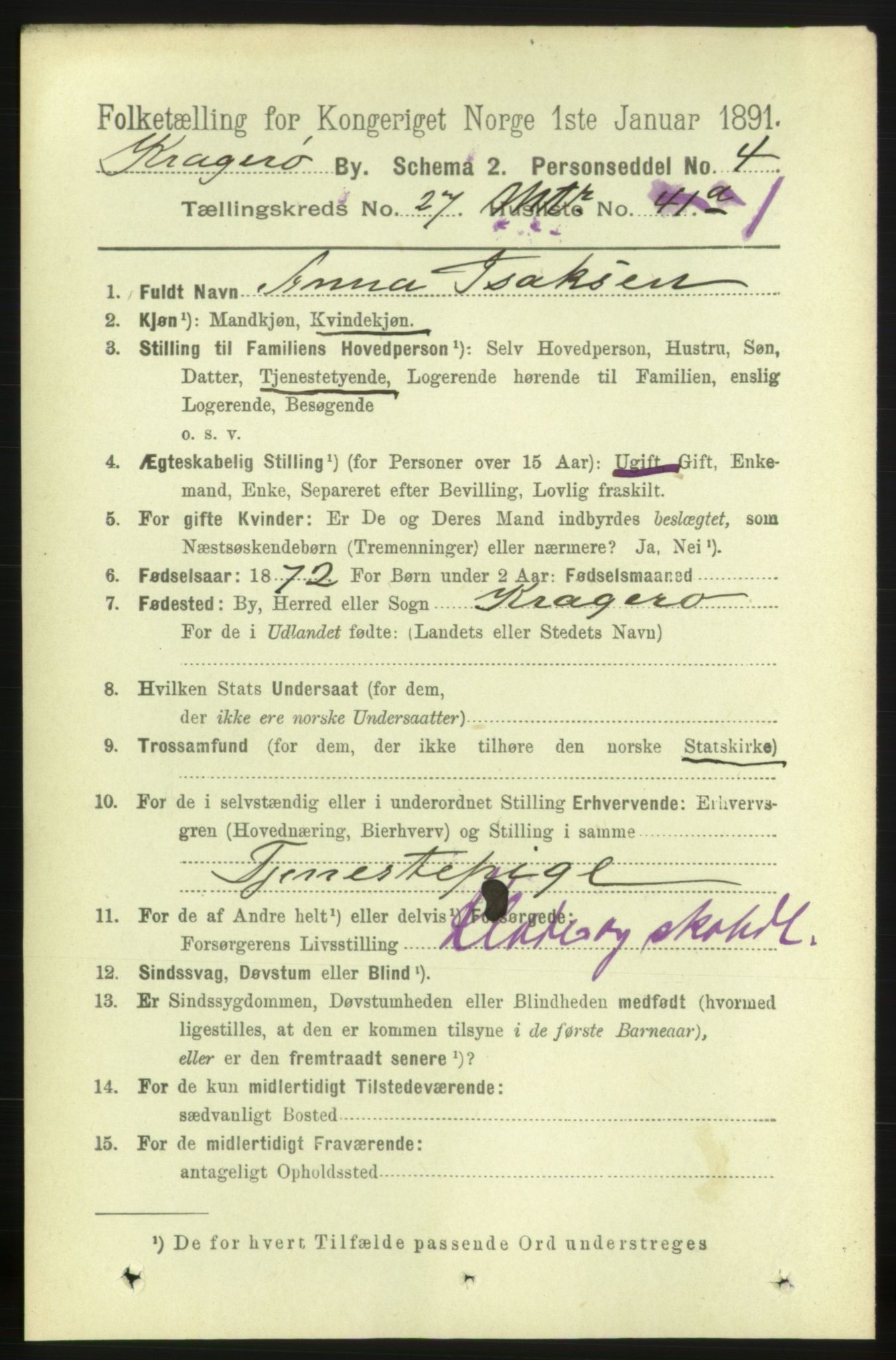 RA, 1891 census for 0801 Kragerø, 1891, p. 5293