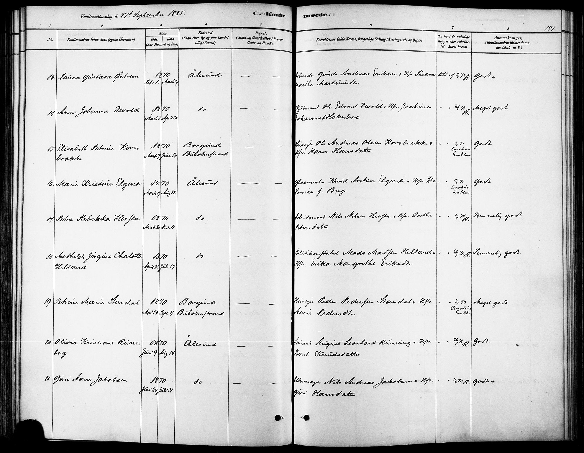 Ministerialprotokoller, klokkerbøker og fødselsregistre - Møre og Romsdal, AV/SAT-A-1454/529/L0454: Parish register (official) no. 529A04, 1878-1885, p. 191