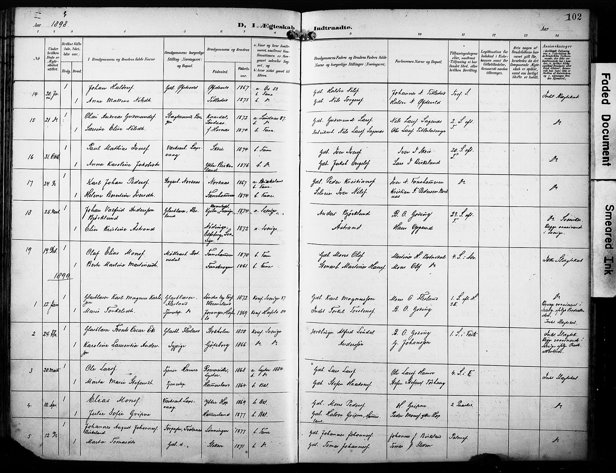 Fana Sokneprestembete, AV/SAB-A-75101/H/Haa/Haab/L0003: Parish register (official) no. B 3, 1898-1907, p. 102
