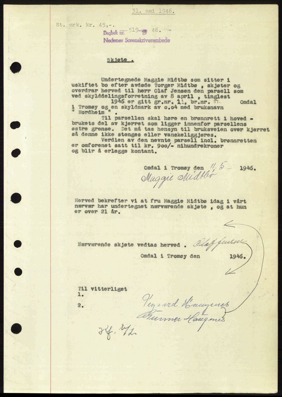 Nedenes sorenskriveri, SAK/1221-0006/G/Gb/Gba/L0054: Mortgage book no. A6c, 1946-1946, Diary no: : 519/1946