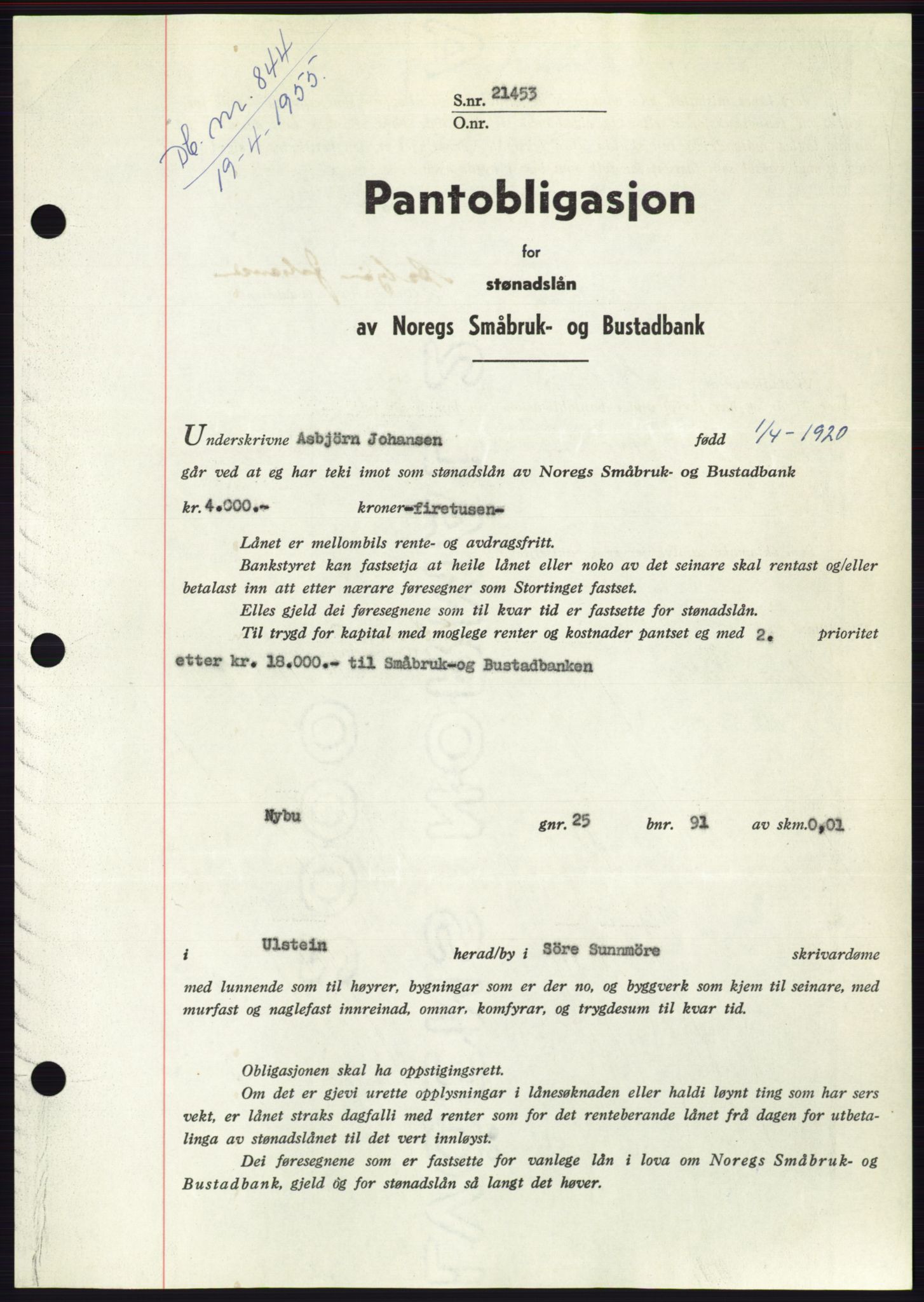 Søre Sunnmøre sorenskriveri, AV/SAT-A-4122/1/2/2C/L0126: Mortgage book no. 14B, 1954-1955, Diary no: : 844/1955