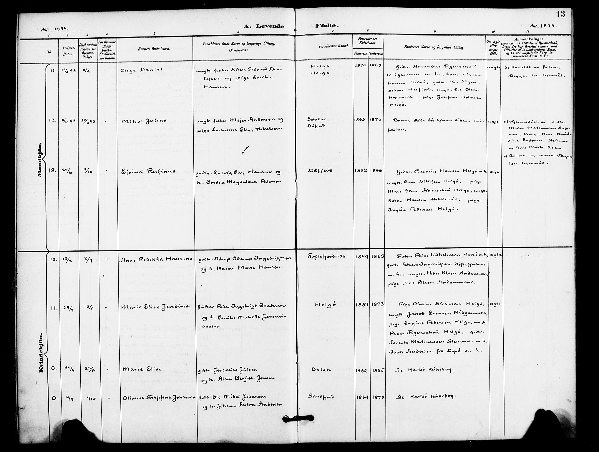 Karlsøy sokneprestembete, AV/SATØ-S-1299/H/Ha/Haa/L0012kirke: Parish register (official) no. 12, 1892-1902, p. 13