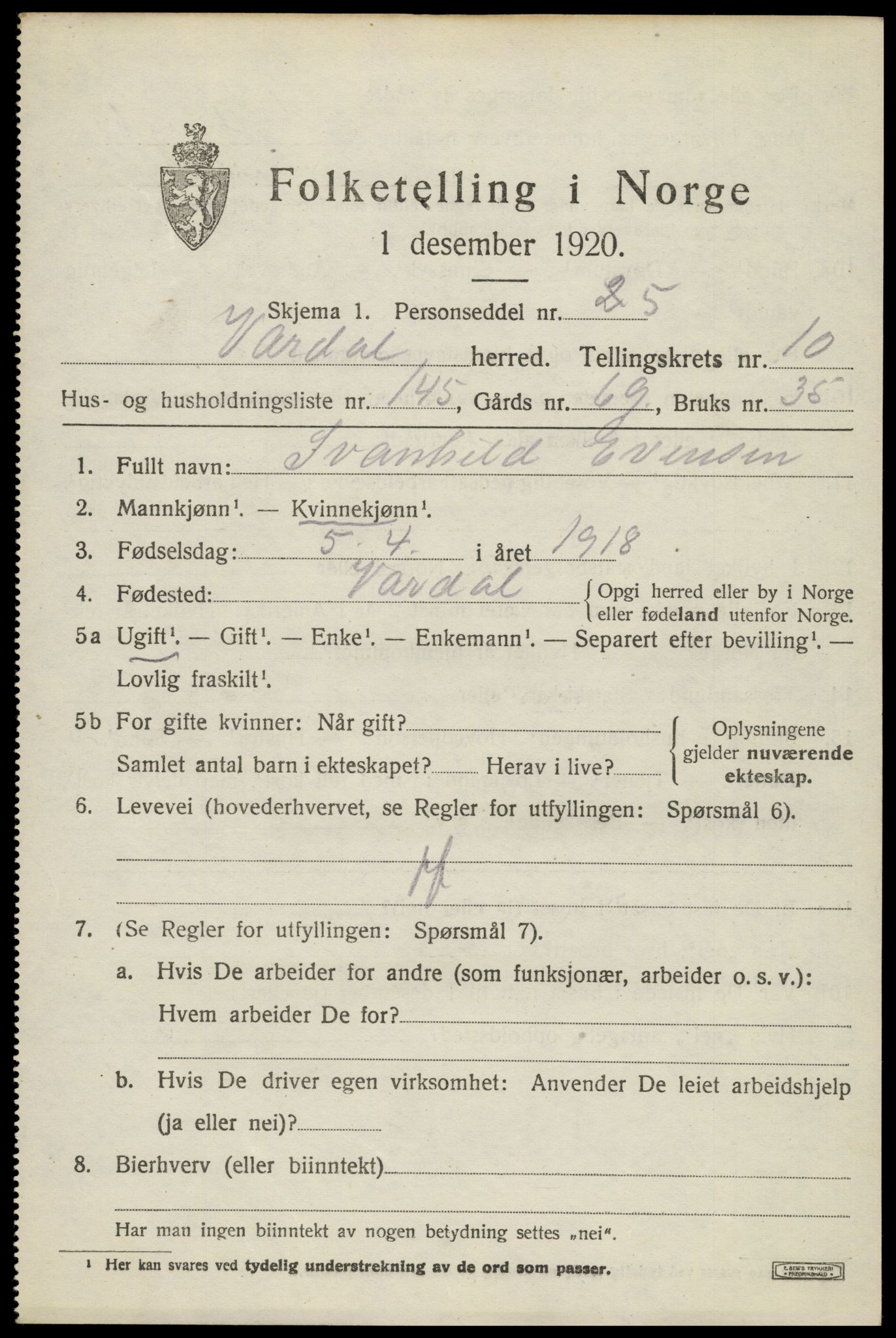 SAH, 1920 census for Vardal, 1920, p. 10859