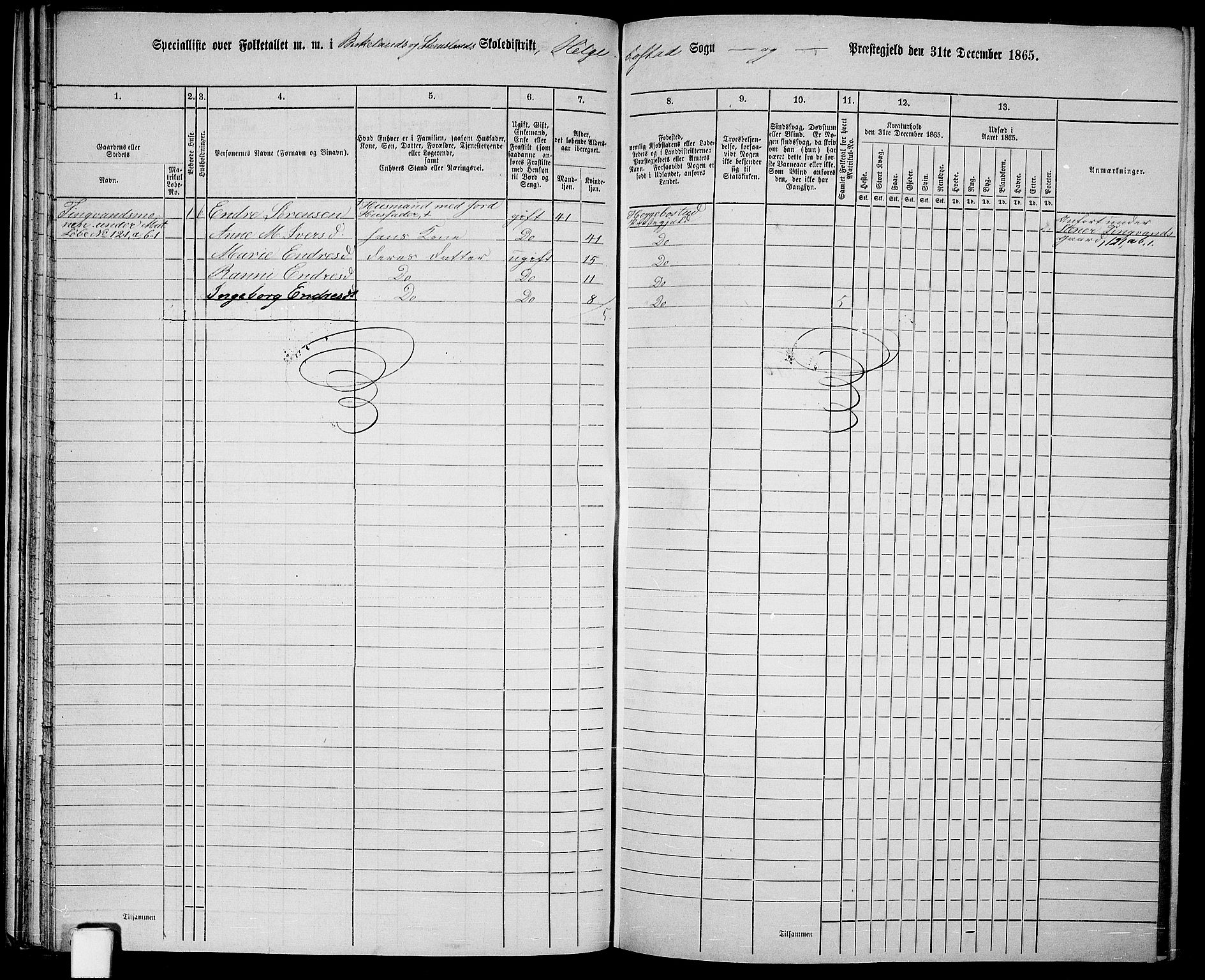 RA, 1865 census for Hægebostad, 1865, p. 43