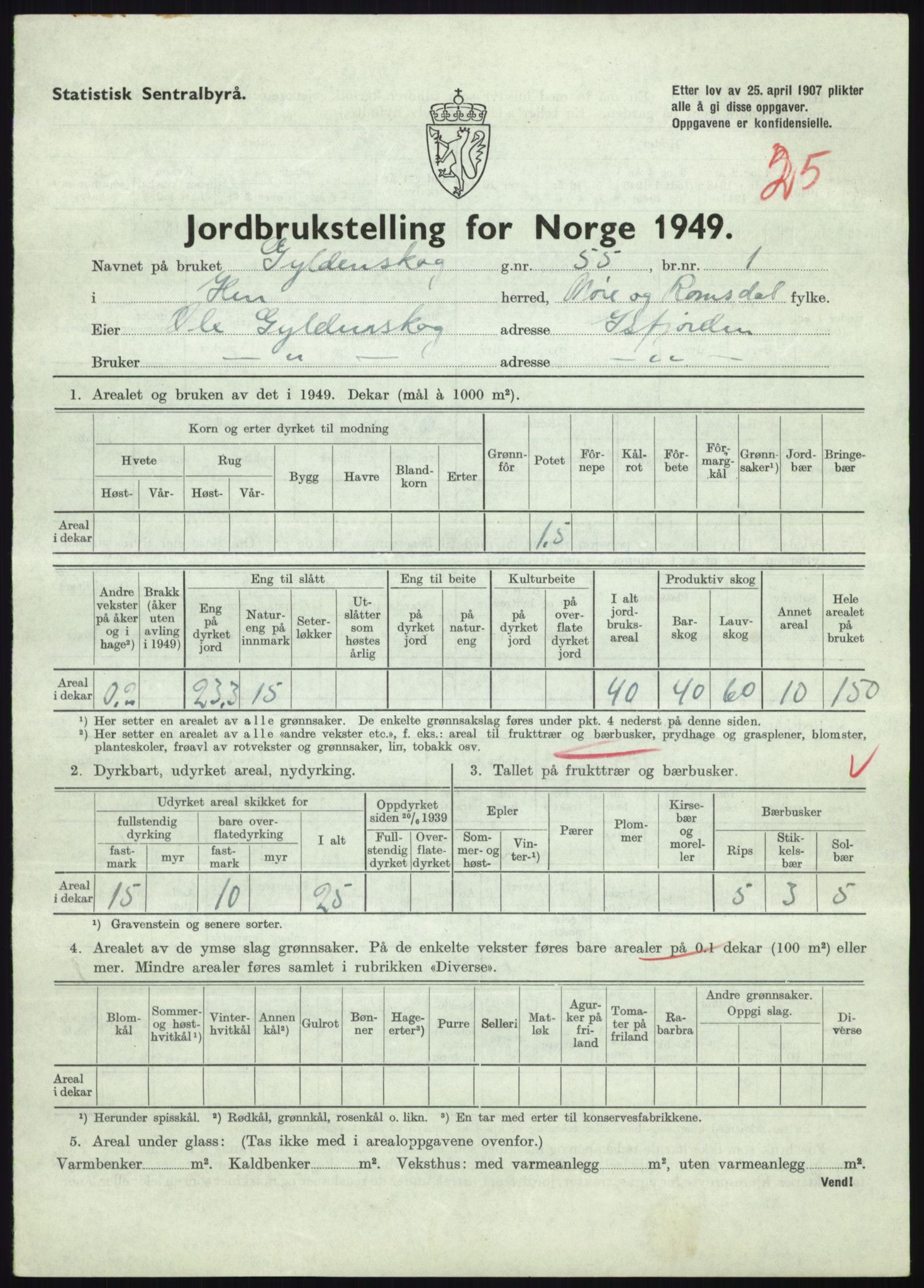 Statistisk sentralbyrå, Næringsøkonomiske emner, Jordbruk, skogbruk, jakt, fiske og fangst, AV/RA-S-2234/G/Gc/L0323: Møre og Romsdal: Grytten og Hen, 1949, p. 709