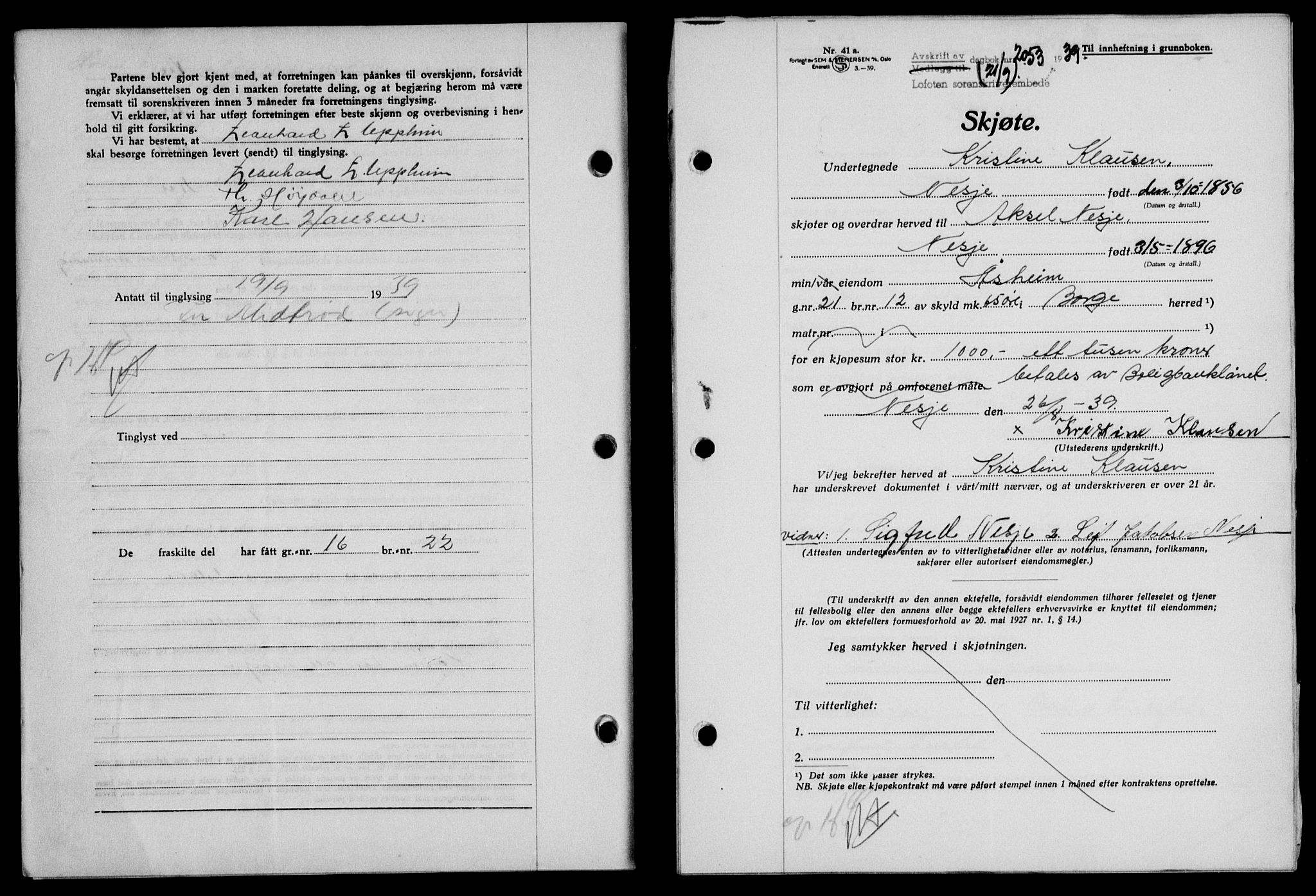 Lofoten sorenskriveri, SAT/A-0017/1/2/2C/L0006a: Mortgage book no. 6a, 1939-1939, Diary no: : 2053/1939