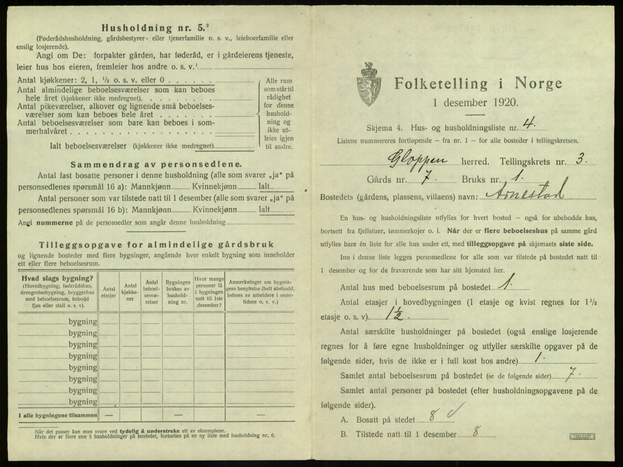 SAB, 1920 census for Gloppen, 1920, p. 161