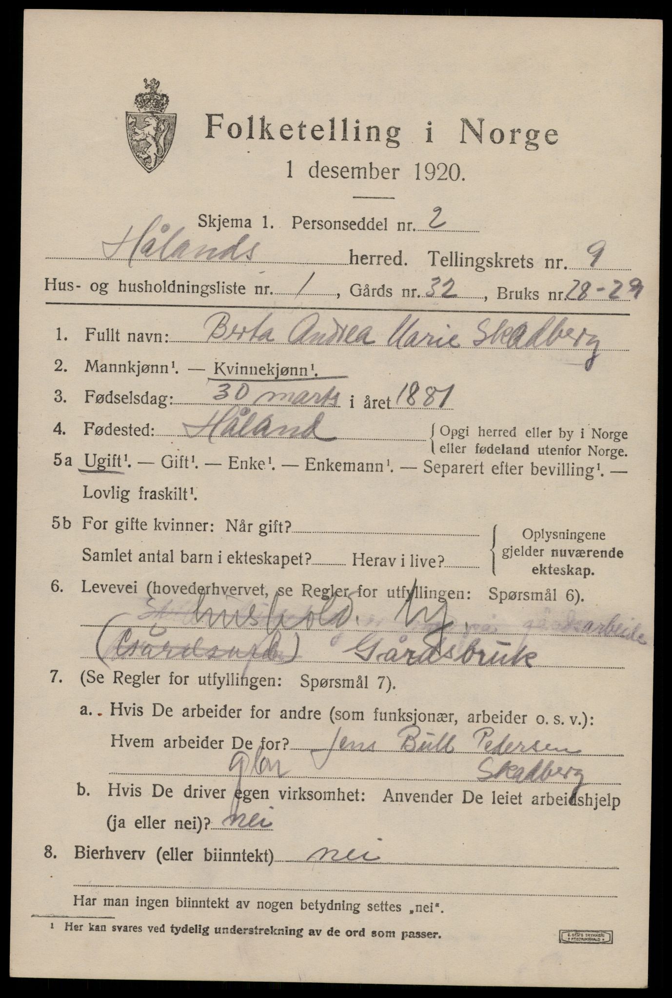 SAST, 1920 census for Håland, 1920, p. 7023