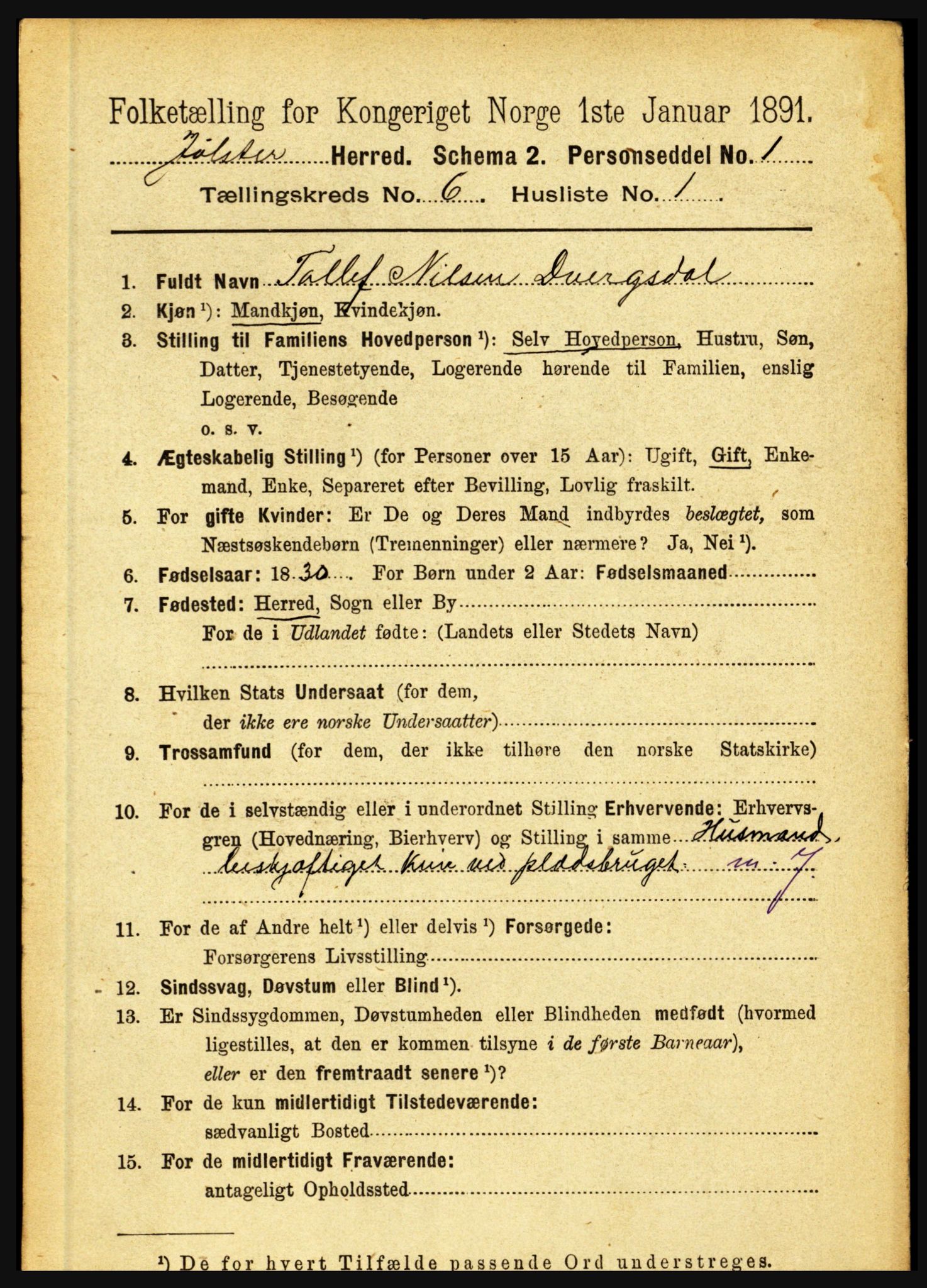 RA, 1891 census for 1431 Jølster, 1891, p. 2175