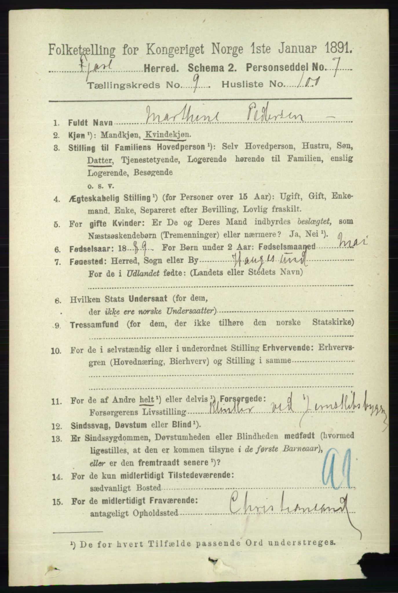 RA, 1891 census for 0923 Fjære, 1891, p. 4912