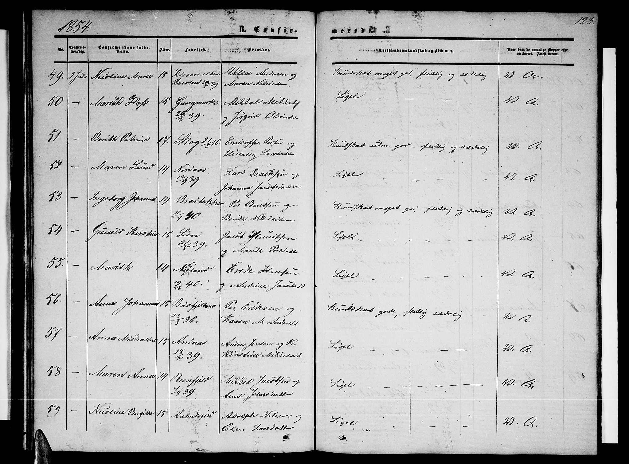 Ministerialprotokoller, klokkerbøker og fødselsregistre - Nordland, AV/SAT-A-1459/820/L0301: Parish register (copy) no. 820C03, 1851-1858, p. 123