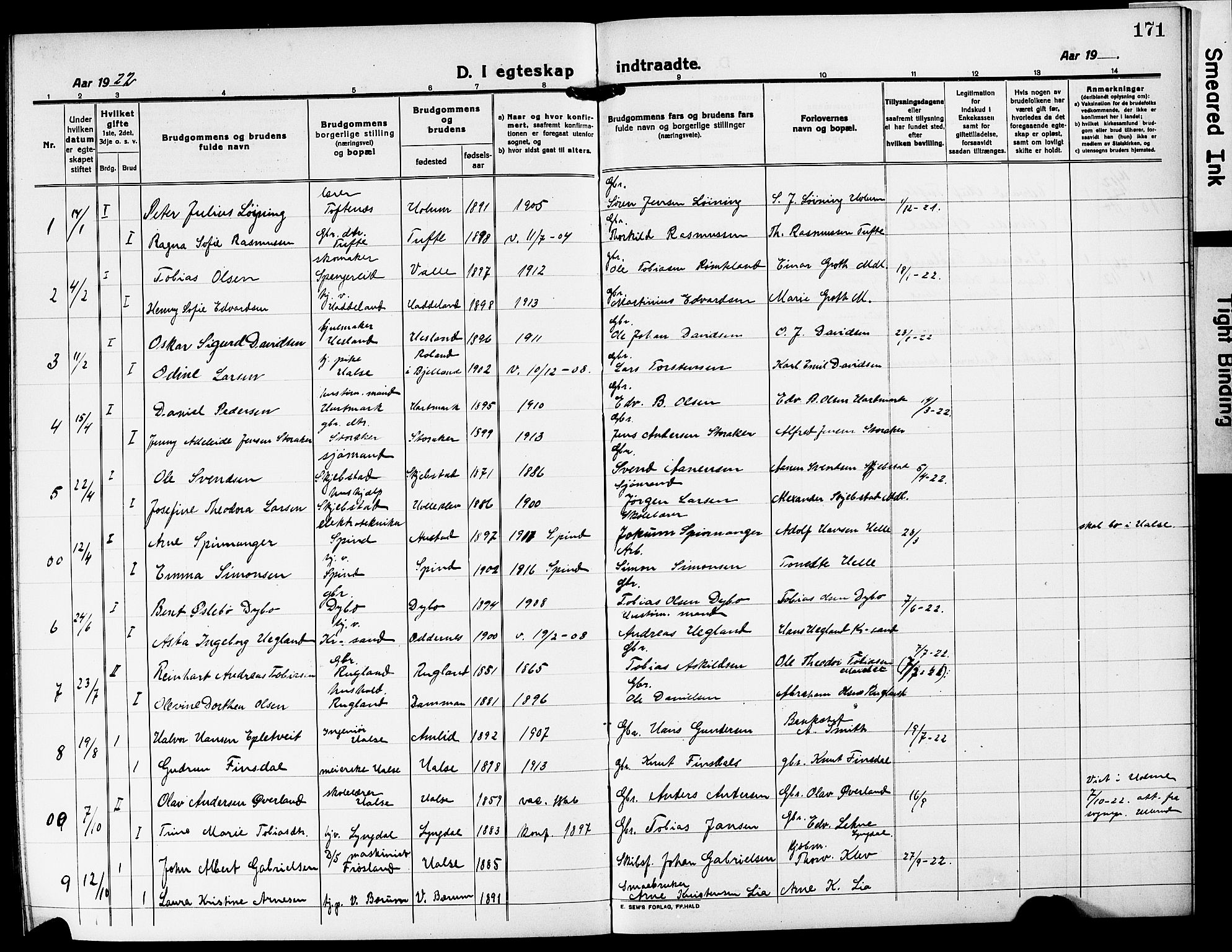 Mandal sokneprestkontor, SAK/1111-0030/F/Fb/Fba/L0013: Parish register (copy) no. B 7, 1918-1931, p. 171