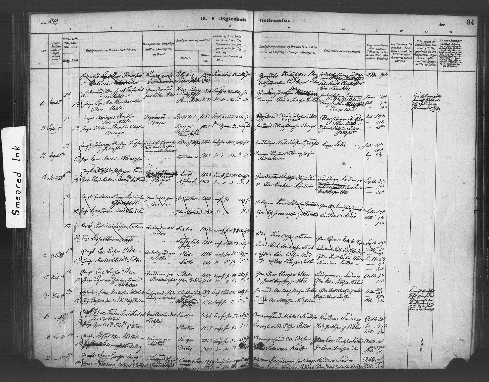 Fana Sokneprestembete, AV/SAB-A-75101/H/Haa/Haab/L0001: Parish register (official) no. B 1, 1878-1889, p. 94