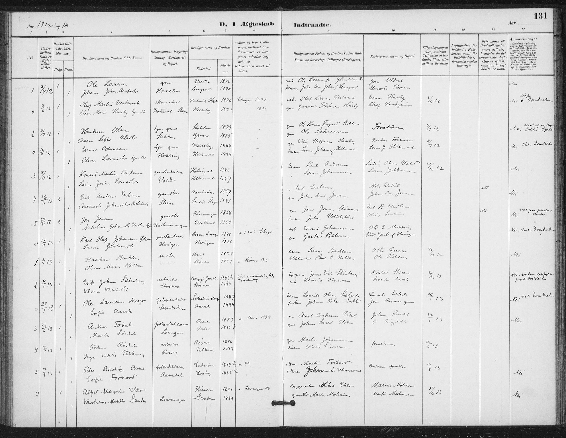 Ministerialprotokoller, klokkerbøker og fødselsregistre - Nord-Trøndelag, SAT/A-1458/714/L0131: Parish register (official) no. 714A02, 1896-1918, p. 131