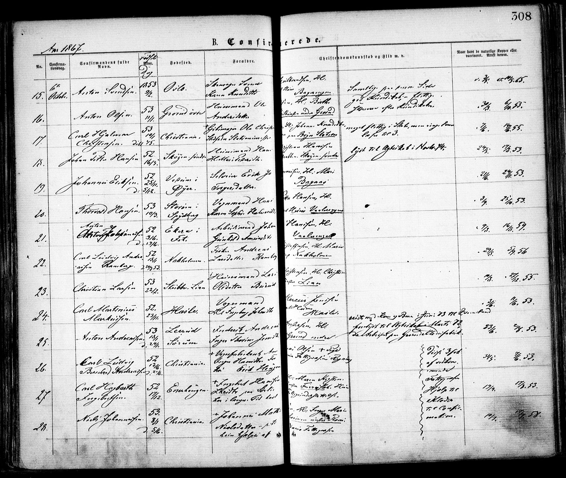 Østre Aker prestekontor Kirkebøker, SAO/A-10840/F/Fa/L0001: Parish register (official) no. I 1, 1861-1869, p. 308