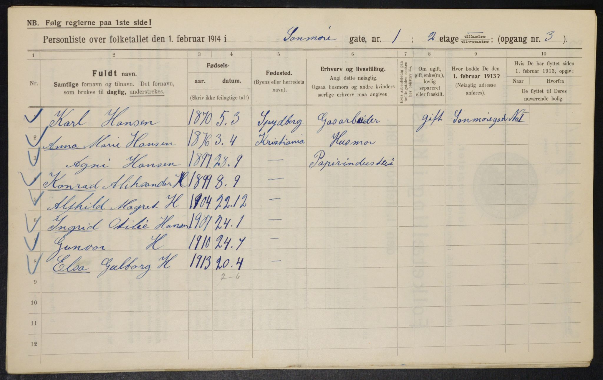 OBA, Municipal Census 1914 for Kristiania, 1914, p. 105376