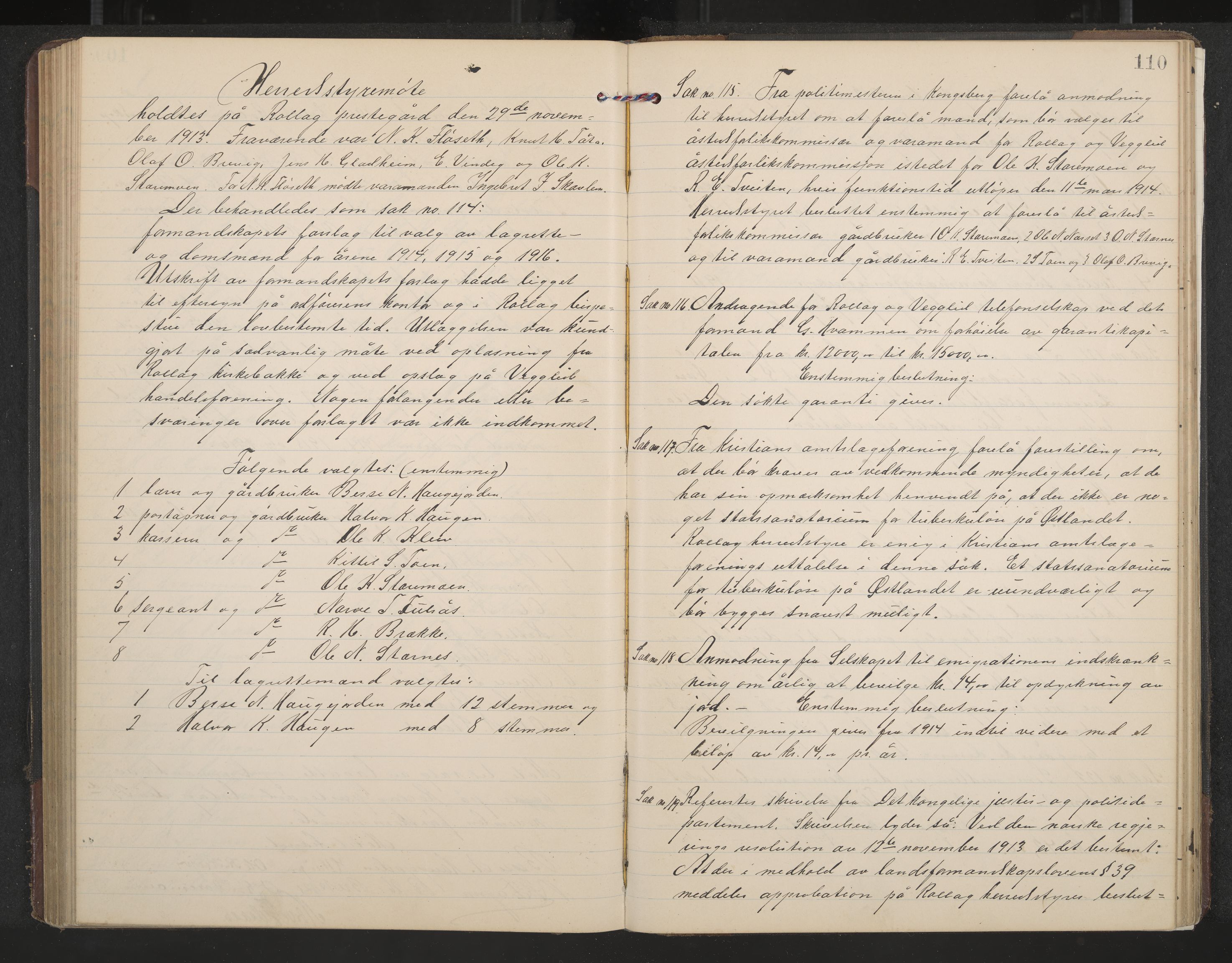 Rollag formannskap og sentraladministrasjon, IKAK/0632021-2/A/Aa/L0005: Møtebok, 1909-1915, p. 110